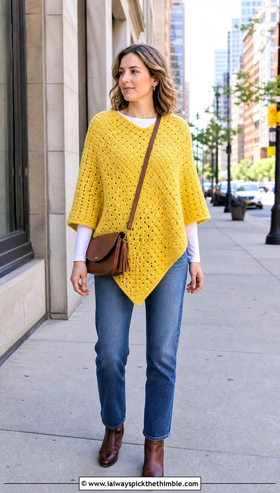 Pointed Corner To Corner Crochet Poncho With Straight Leg Jeans - 15 Corner To Corner Crochet Poncho outfit ideas