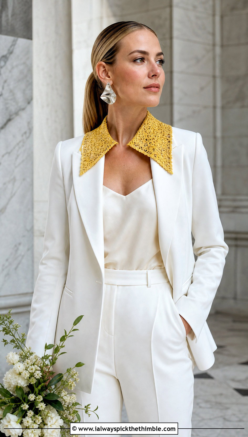 Pointed Crochet Collar With Bridal Pantsuit - 15 Crochet Collar For Wedding outfit ideas