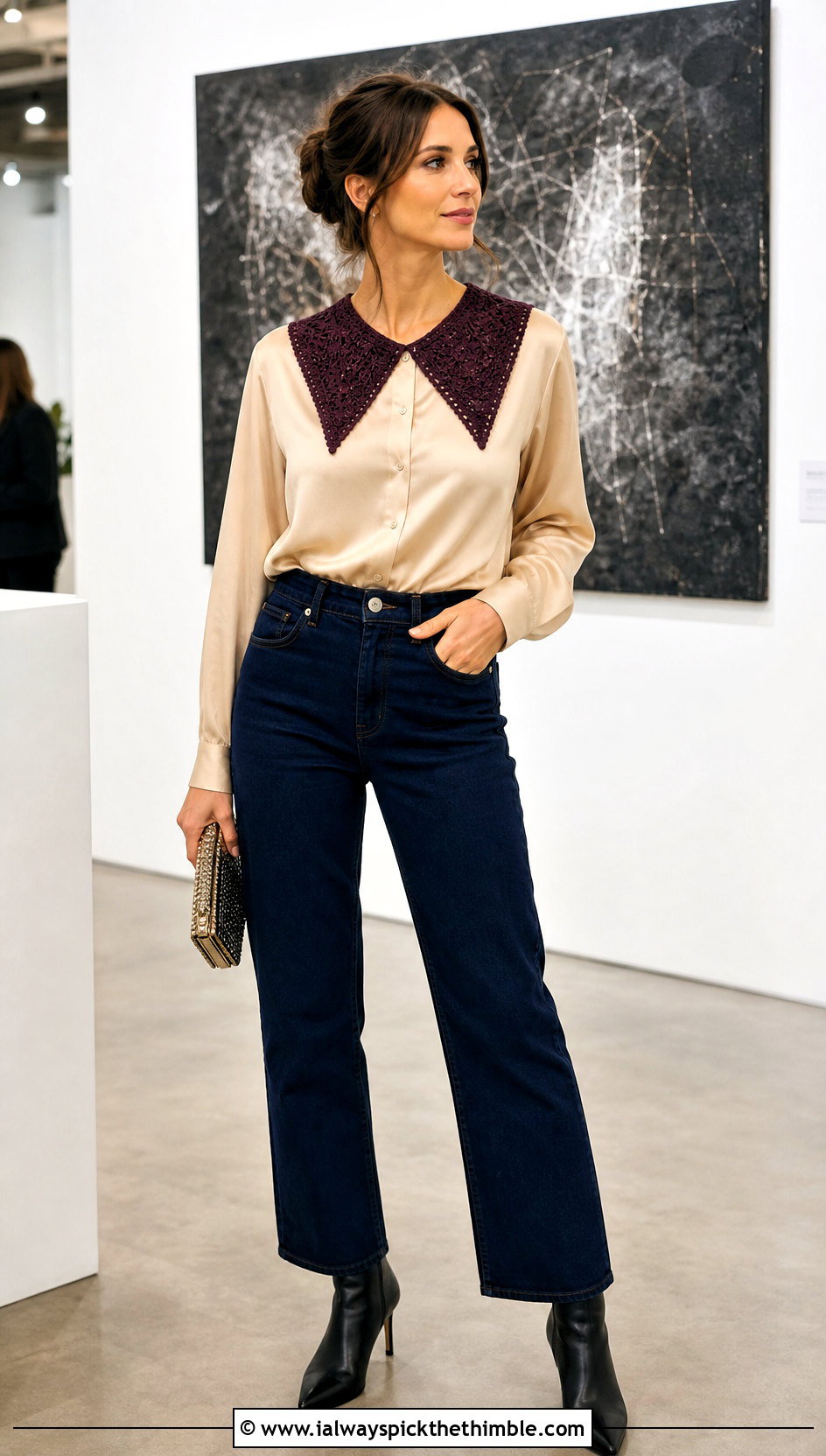 Pointed Crochet Collar With Satin Blouse And Dark Jeans - 15 beginner crochet collar outfit ideas