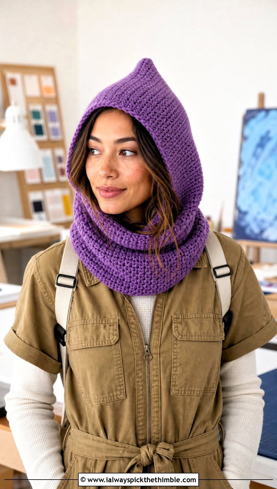 Pointed Crochet Cowl Hat With Utility Jumpsuit - 20 crochet cowl hat outfit ideas