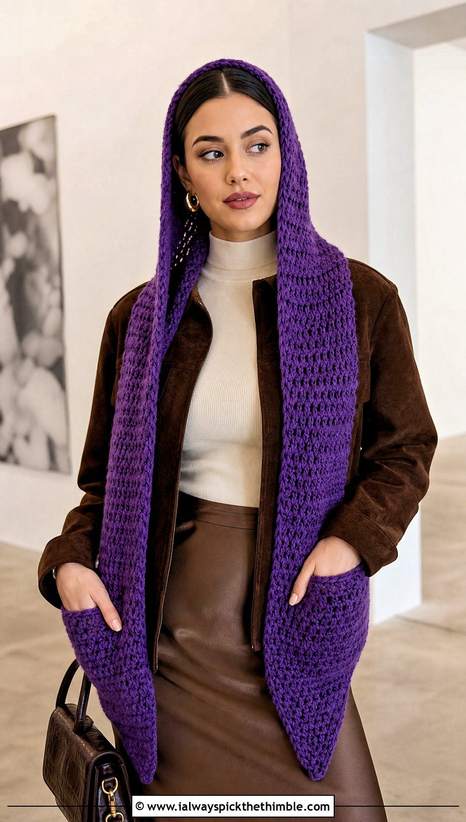 Pointed Crochet Hooded Pocket Scarf With Satin Midi Skirt - 20 crochet hooded pocket scarf outfit ideas