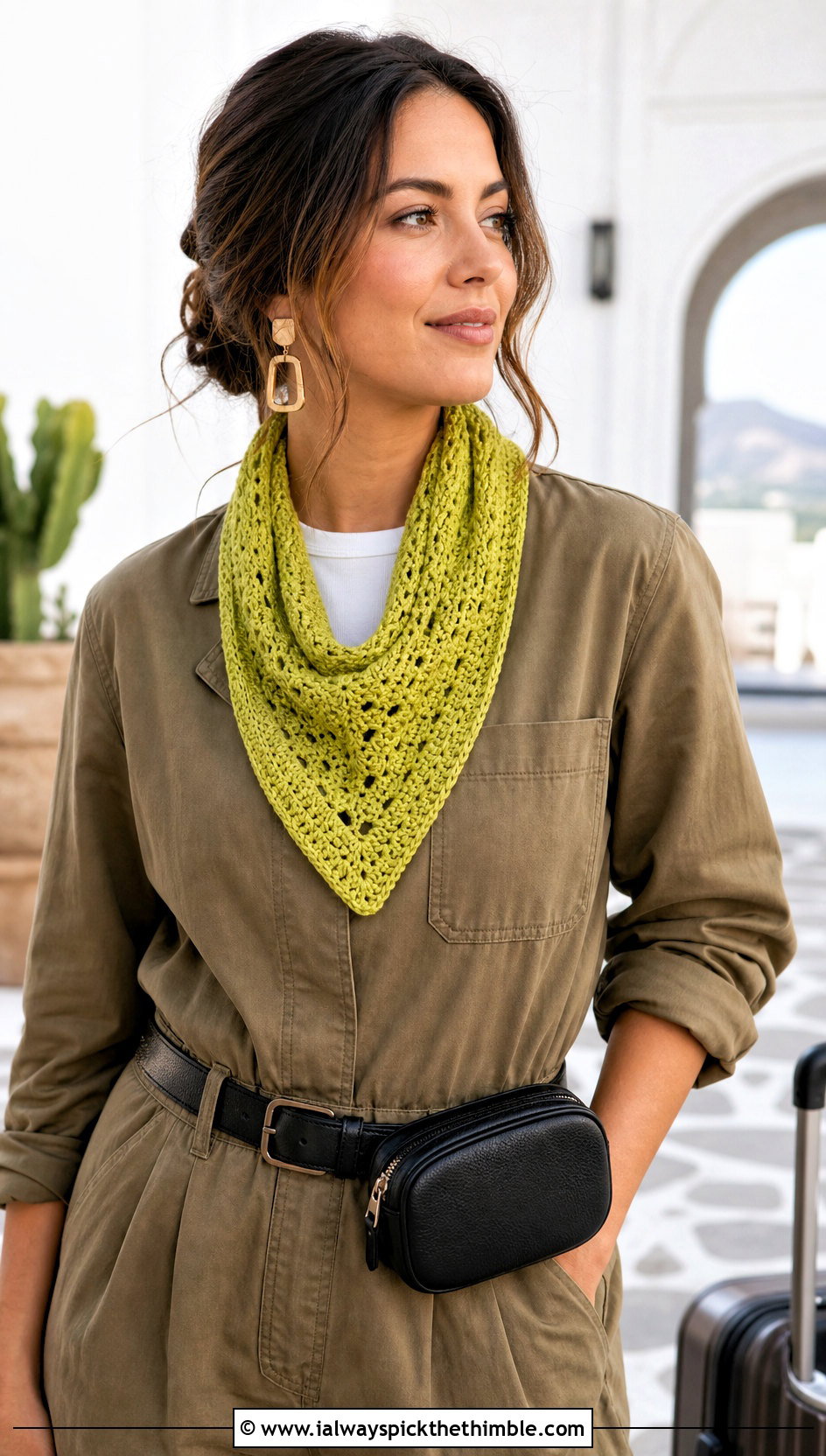 Pointed Crochet Mini Scarf With Utility Jumpsuit And Sneakers - 20 Tiny Crochet Scarf outfit ideas