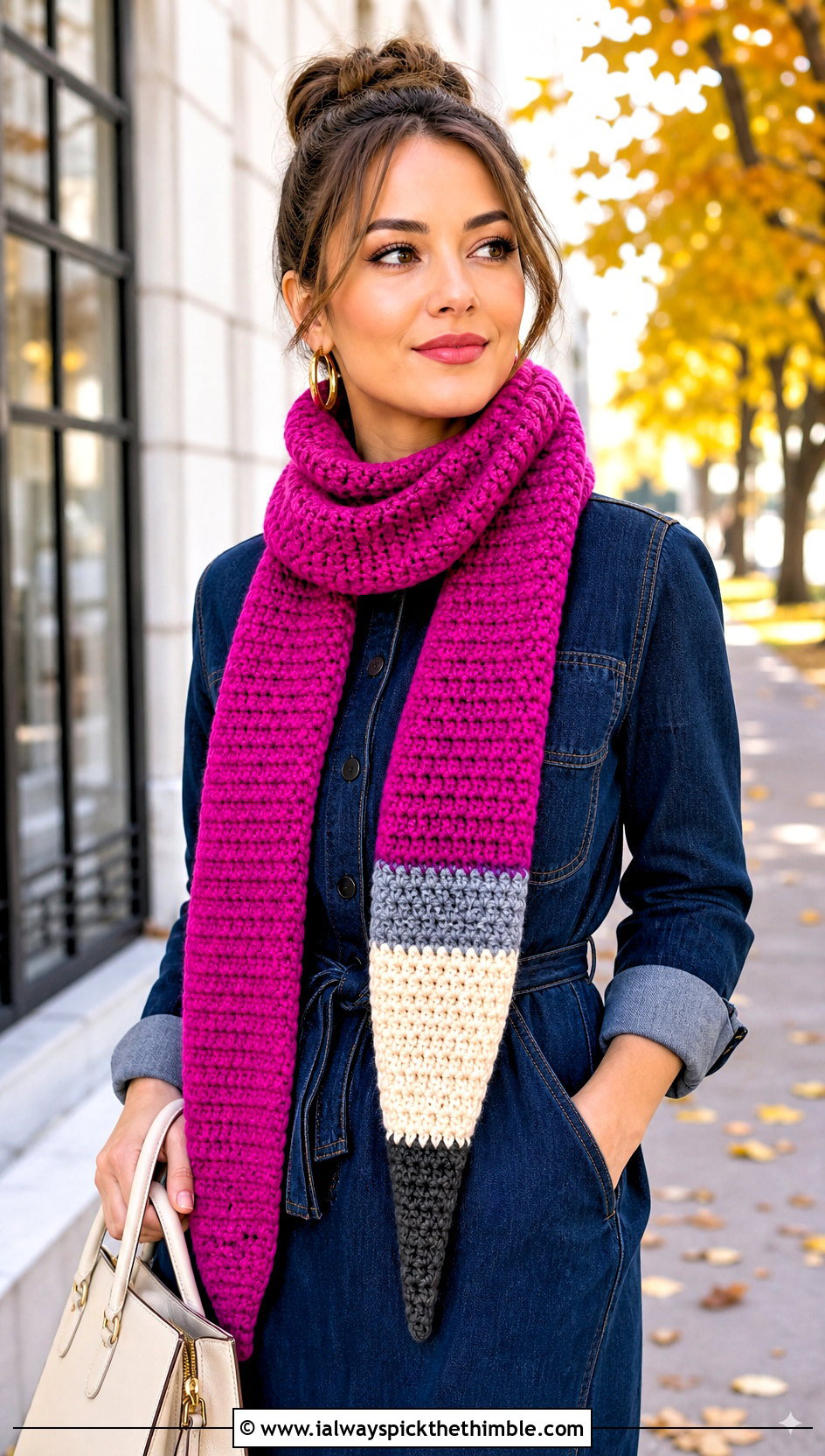 Pointed Crochet Pencil Scarf With Denim Dress - 20 Crochet Pencil Scarf outfit ideas