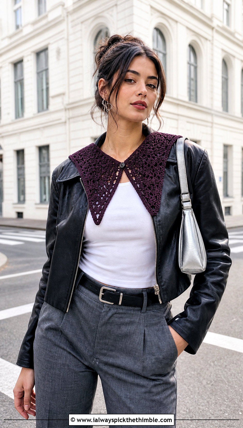 Pointed Crochet Sailor Collar With Leather Jacket And Trousers - 20 crochet sailor collar outfit ideas