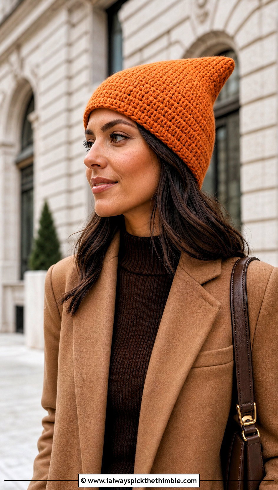 Pointed Crochet Stocking Hat With Camel Coat And Trousers - 20 easy crochet stocking hat outfit ideas