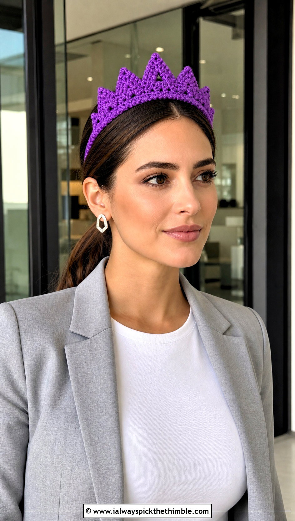 Pointed Crown Crochet Tiara Headband With Tailored Suit - 20 crochet tiara headband outfit ideas