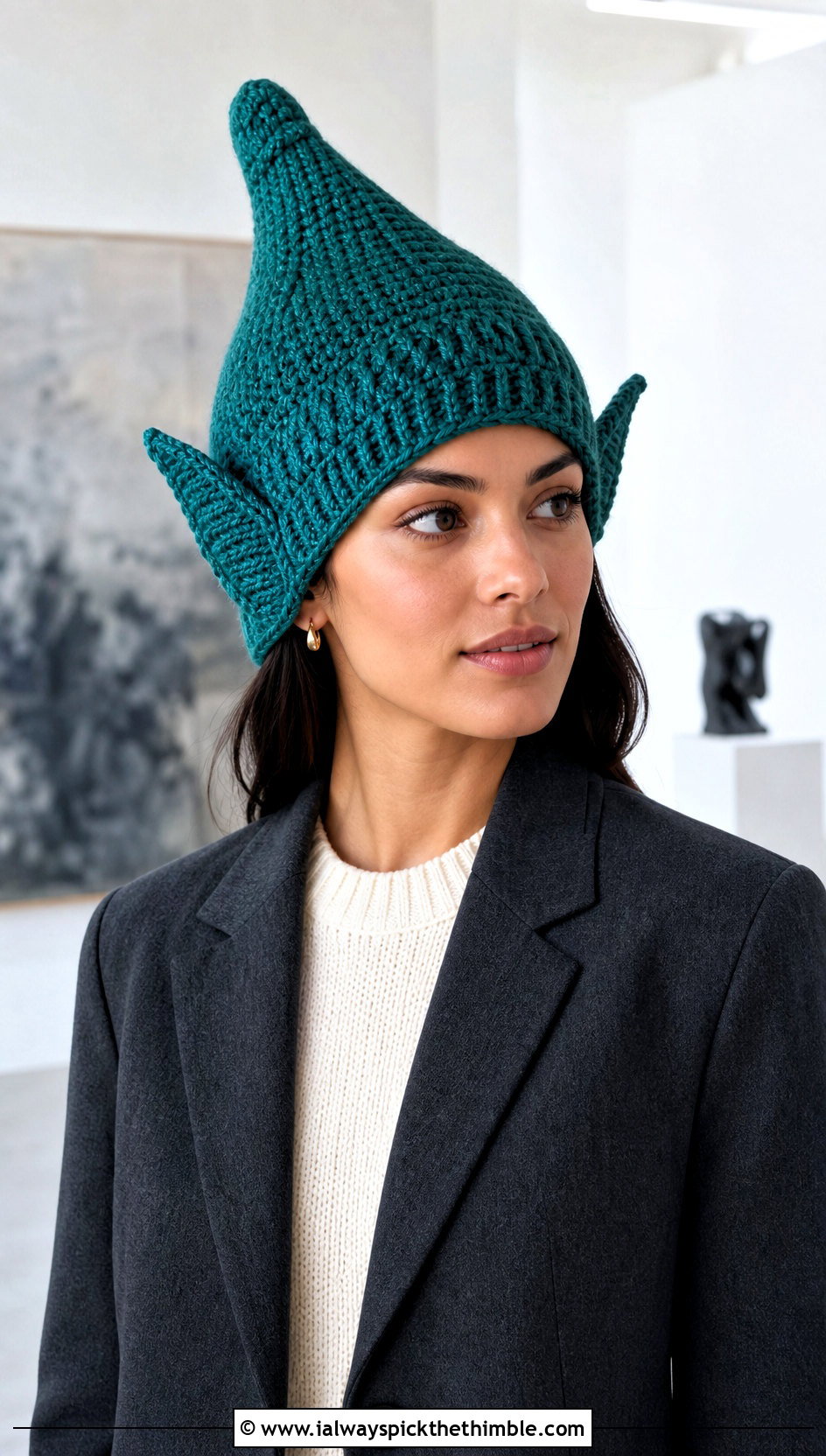 Pointed Dobby Crochet Elf Hat With Blazer And Wide Leg Pants - 20 dobby crochet hat outfit ideas