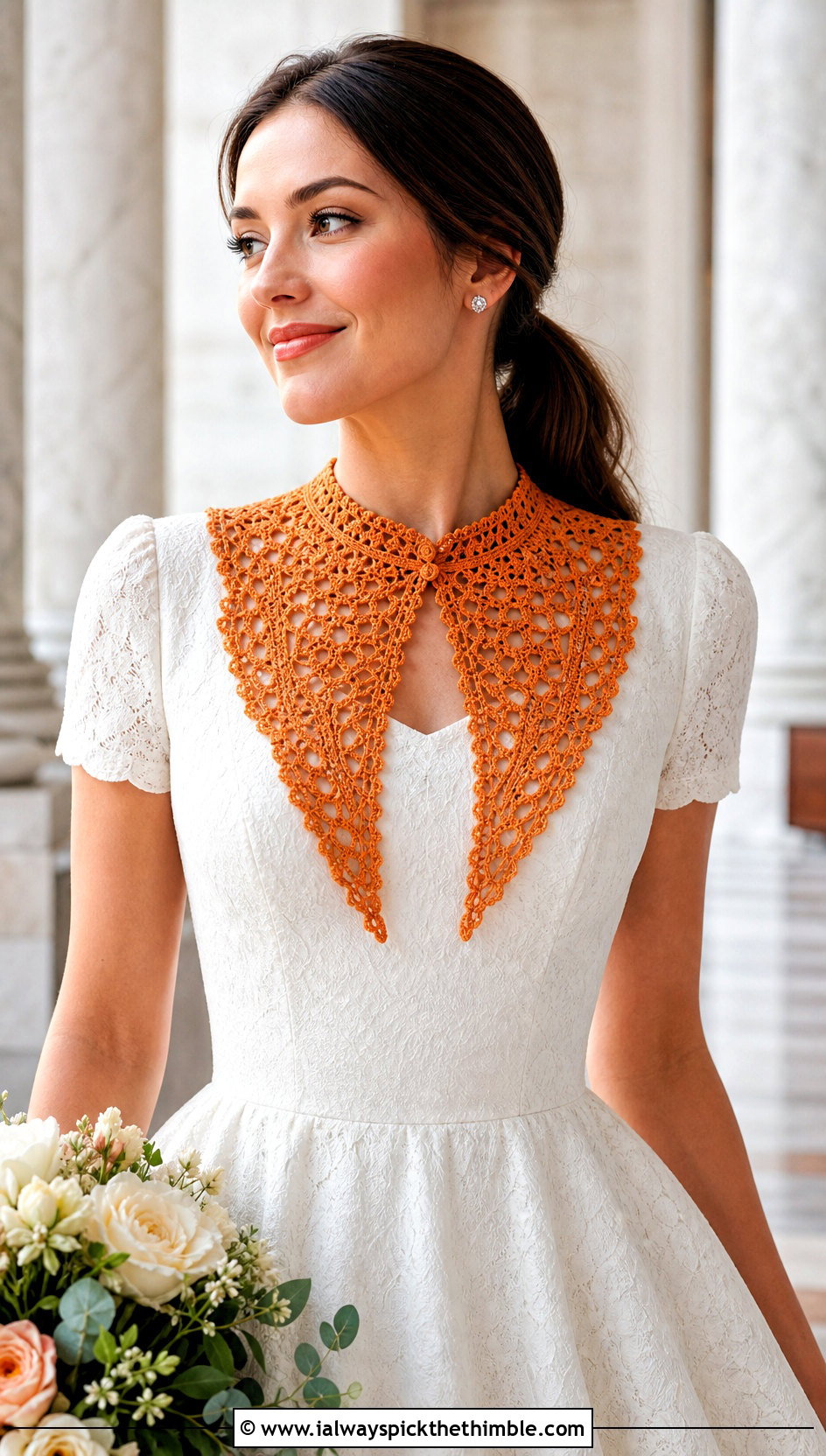 Pointed Edwardian Crochet Collar With Tea Length Wedding Dress - 15 Crochet Collar For Wedding Dress outfit ideas