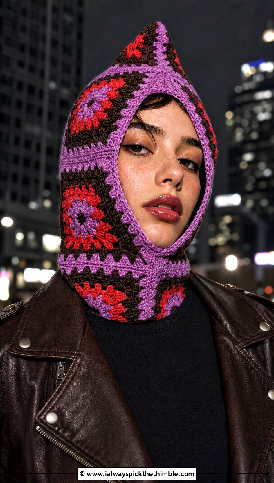 Pointed Granny Square Balaclava With Moto Jacket And Black Jeans - 25 granny square balaclava outfit ideas