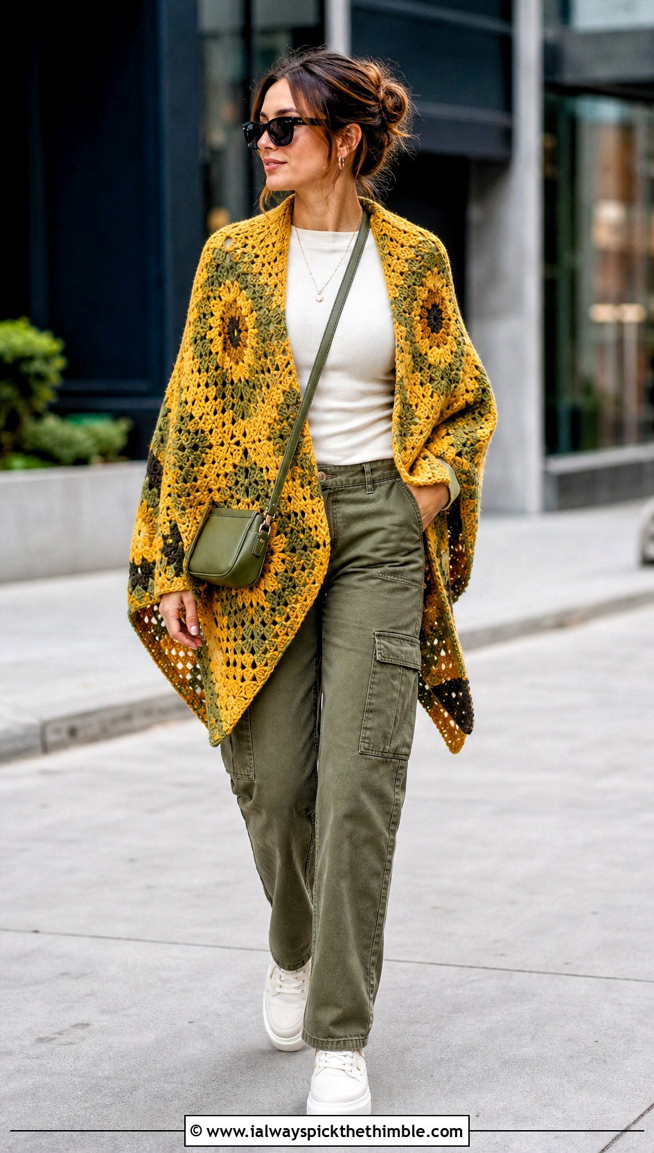 Pointed Hem Mosaic Poncho With Cargo Pants - 15 Mosaic Crochet Poncho outfit ideas