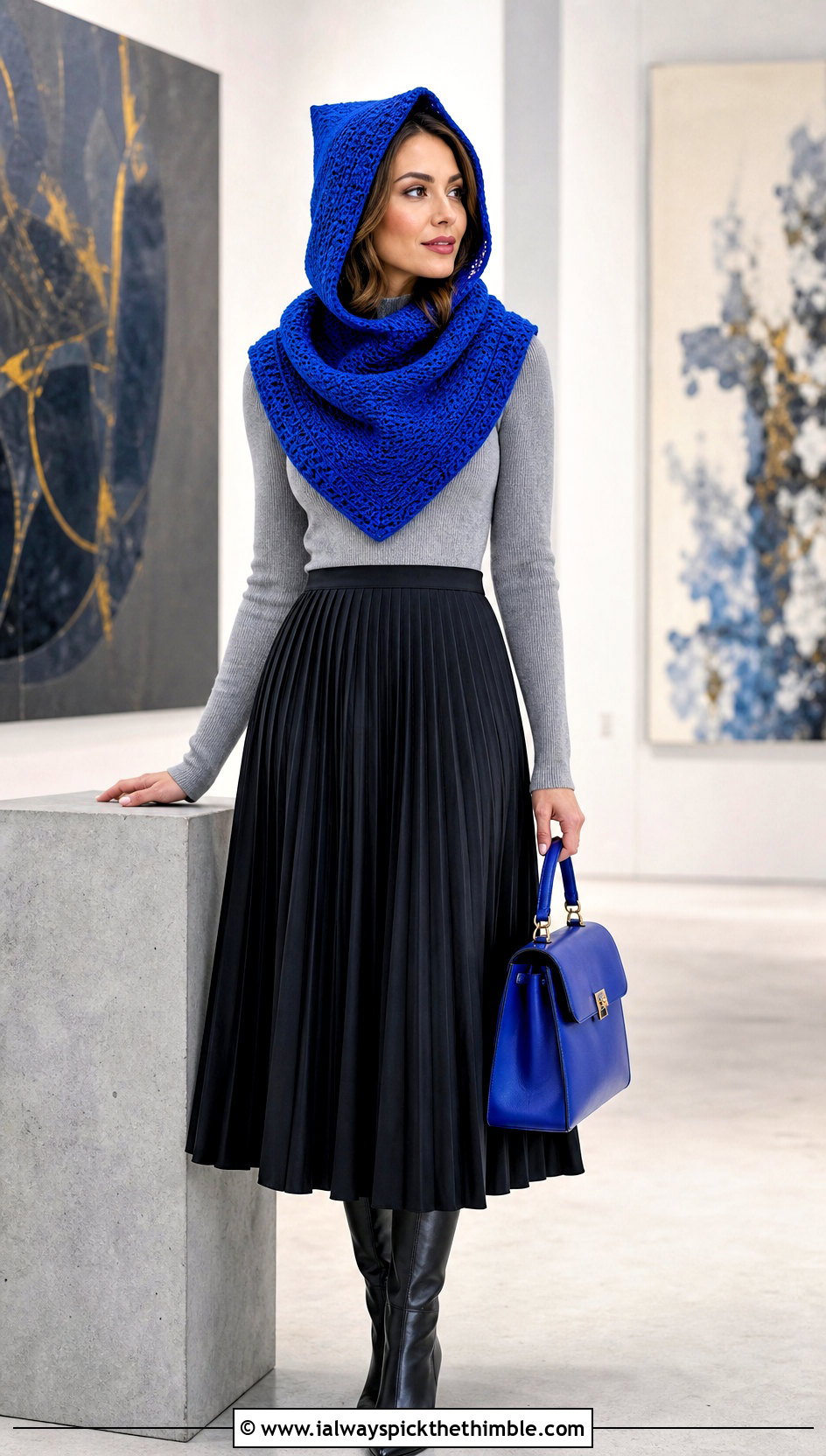 Pointed Hood Crochet Cowl With Pleated Skirt - 20 easy crochet hooded cowl outfit ideas