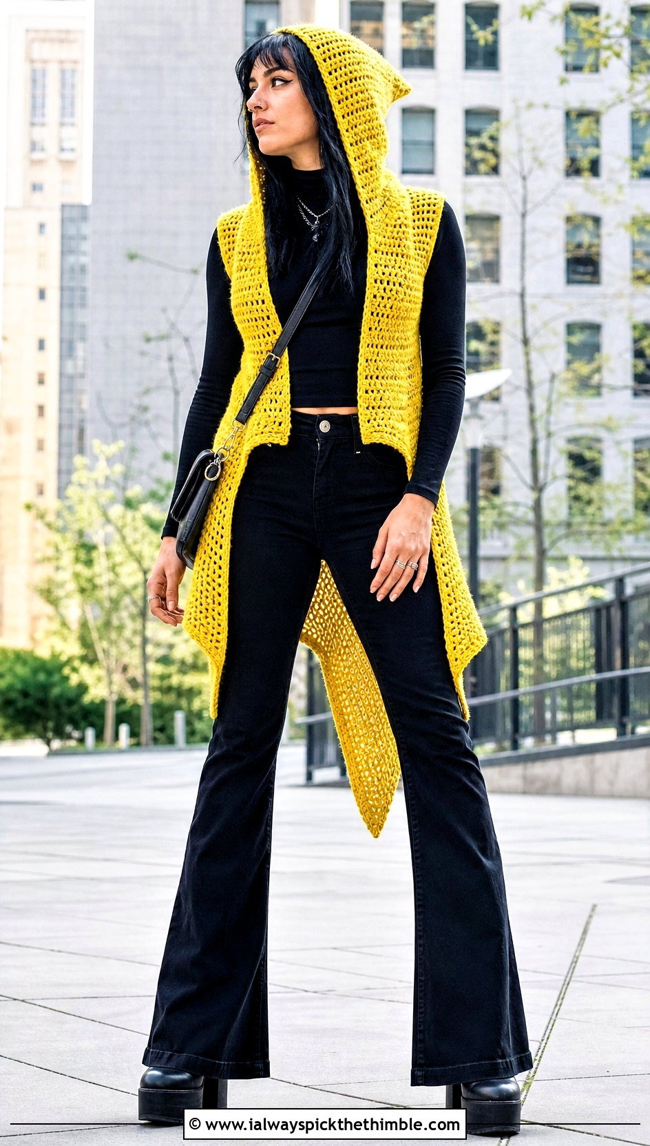 Pointed Hood Crochet Vest With Black Jeans - 20 crochet vest with hood outfit ideas