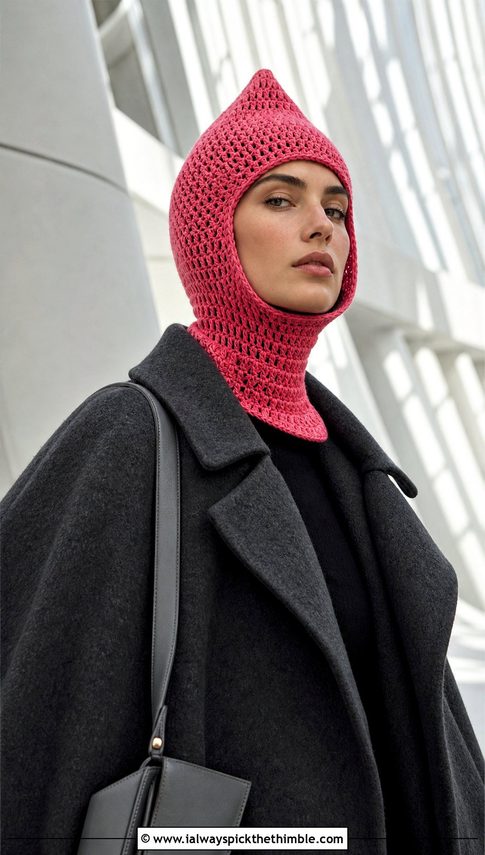Pointed Hood Pink Crochet Balaclava With Cape Coat - 20 Pink Crochet Balaclava outfit ideas