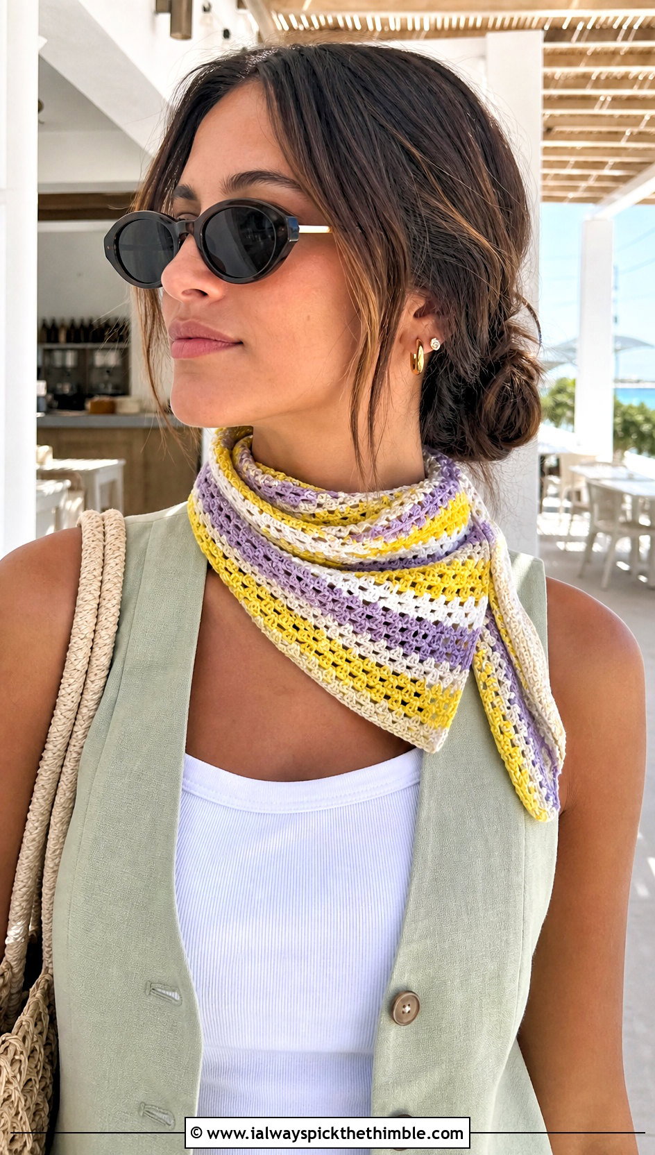 Pointed Mini Striped Crochet Neckerchief With Vest - 20 crochet striped scarf outfit ideas