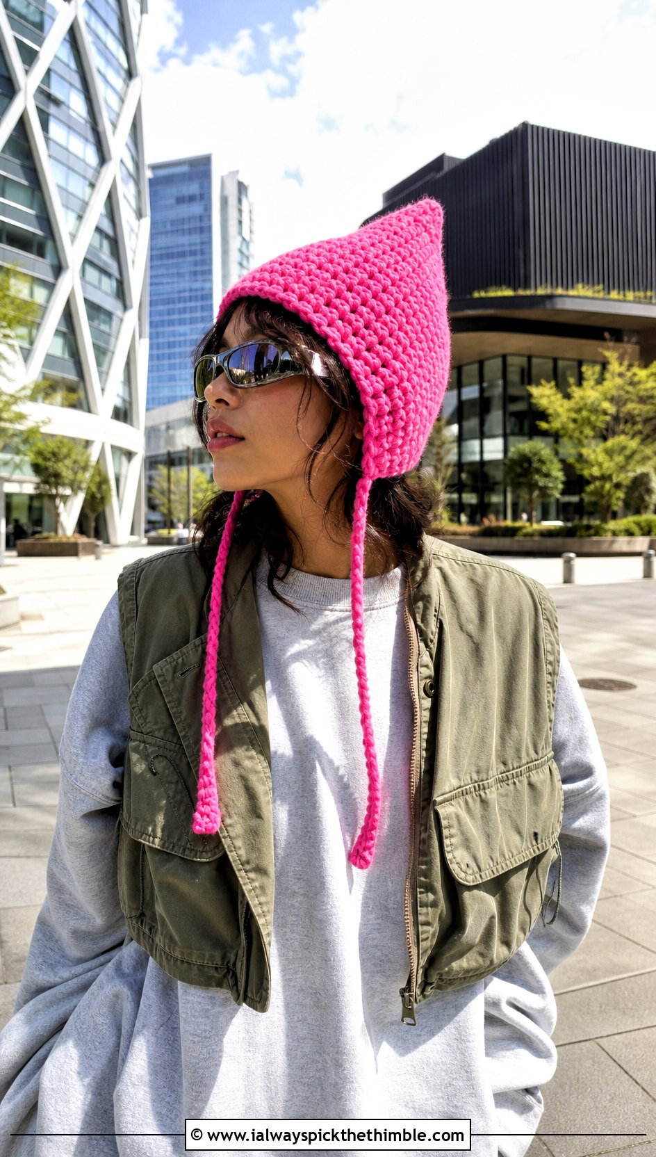 Pointed Pixie Bonnet With Graphic Sweatshirt - 25 crochet bonnets outfit ideas