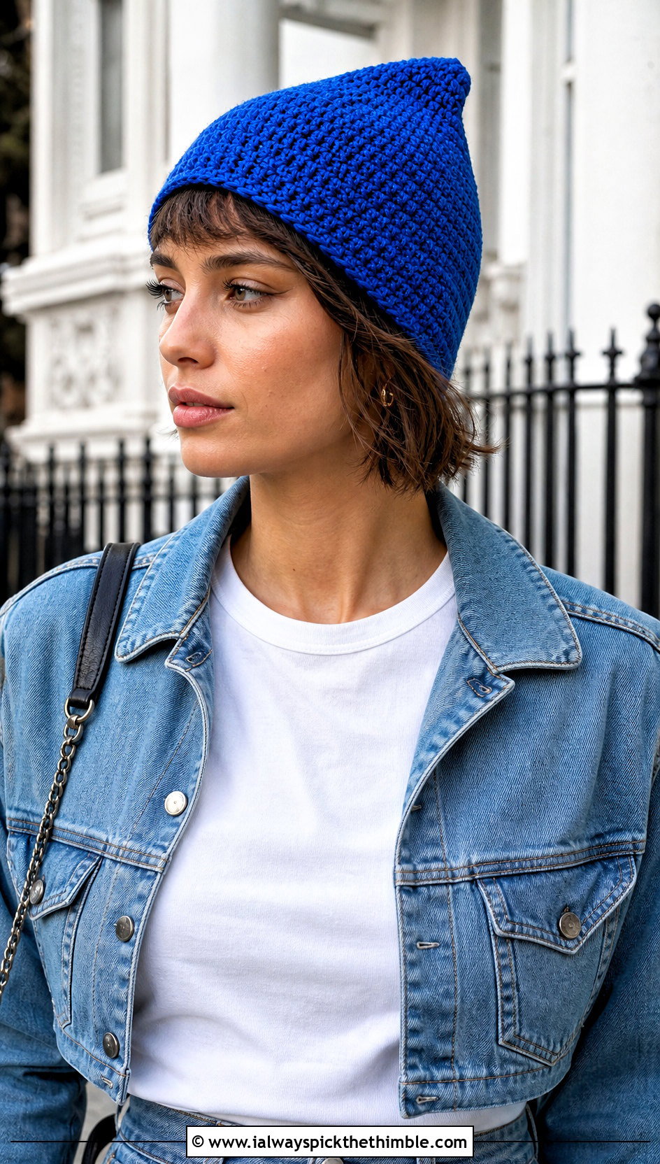 Pointed Pixie Cap With Denim Jacket And Jeans - 20 crochet pixie hat outfit ideas