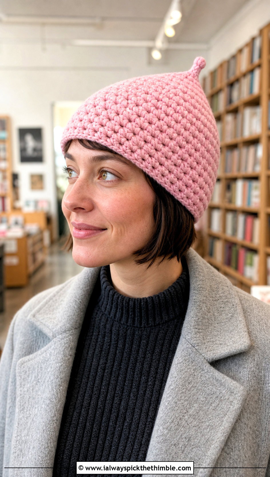 Pointed Pixie Crochet Acorn Hat With Sweater Dress - 20 crochet acorn hat outfit ideas