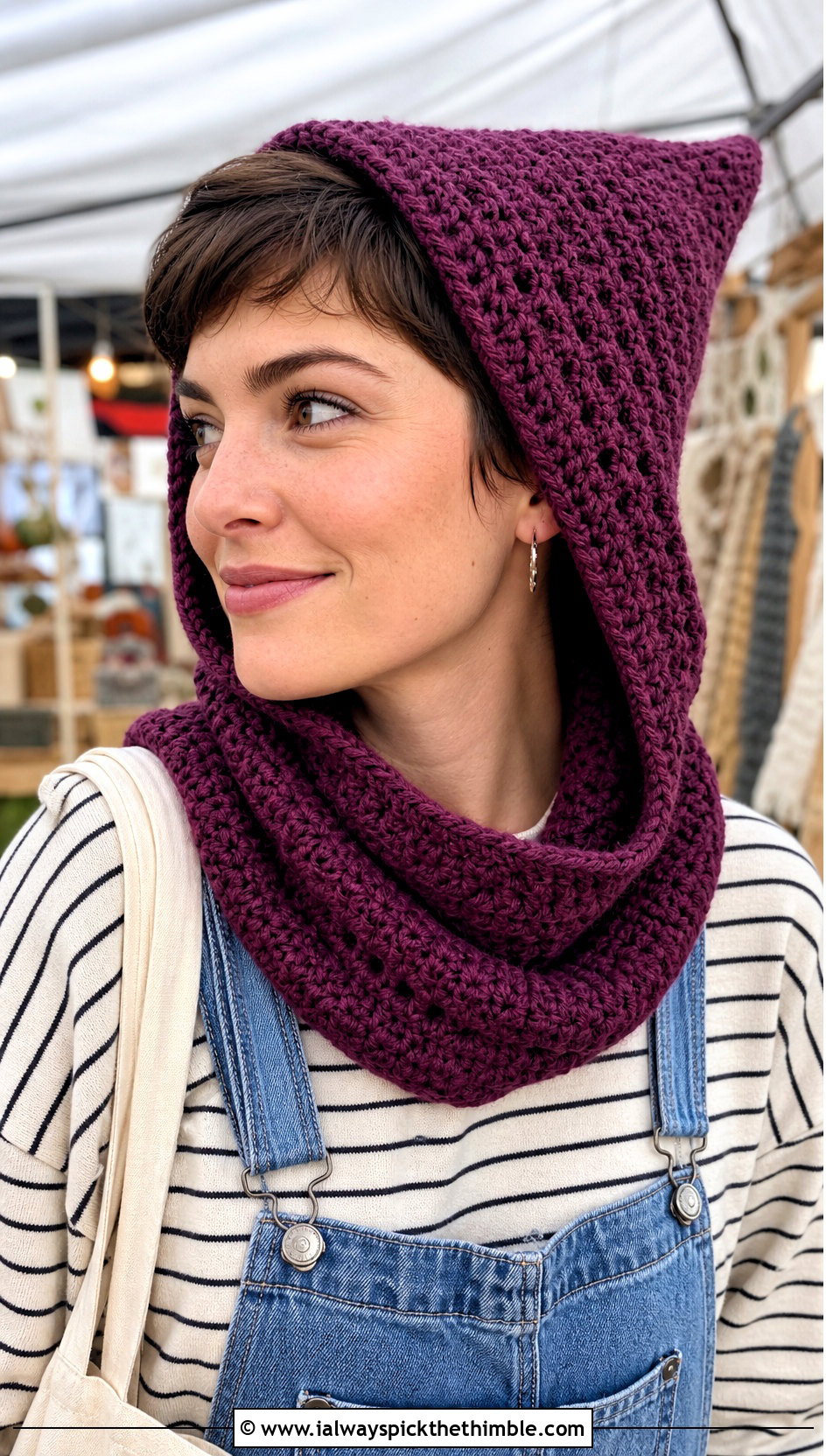 Pointed Pixie Crochet Cowl Hood With Denim Overalls - 20 crochet cowl hood outfit ideas
