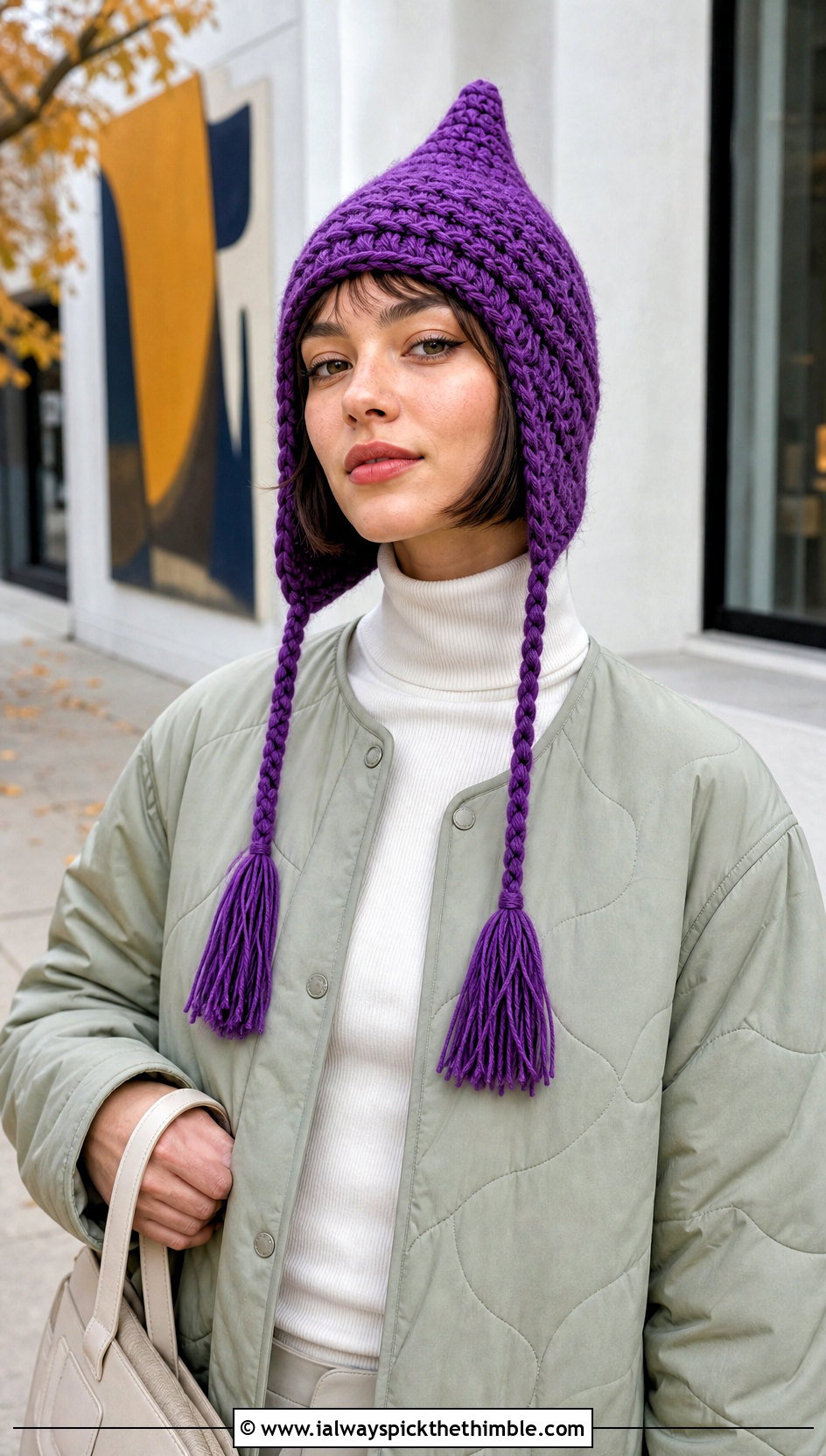 Pointed Pixie Crochet Hat With Braids And Quilted Coat - 20 crochet hat with braids outfit ideas