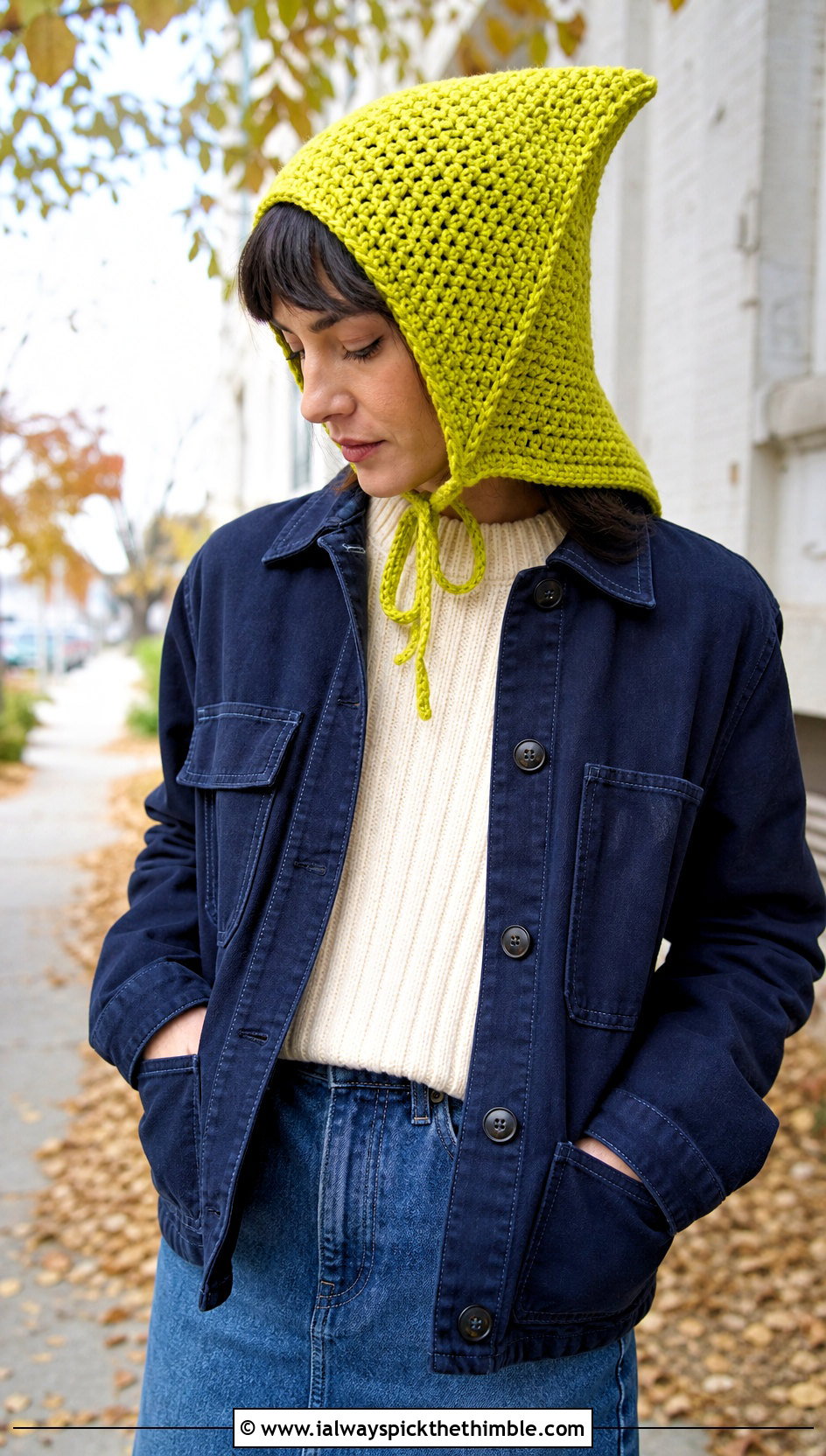 Pointed Pixie Crochet Hood With Chore Jacket - 20 crochet hood hat outfit ideas