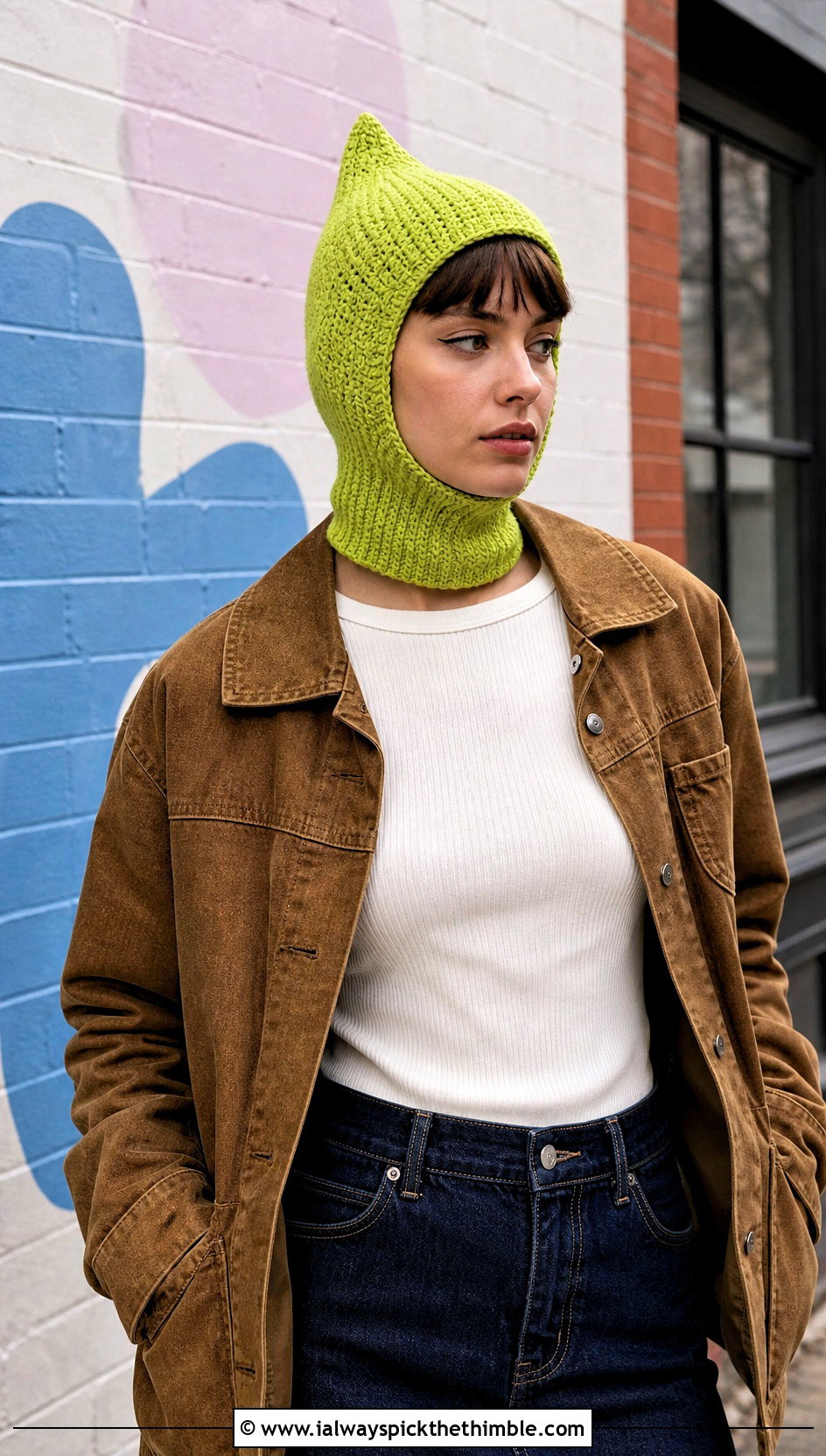 Pointed Pixie Helmet Balaclava With Workwear Jacket - 20 crochet helmet balaclava outfit ideas