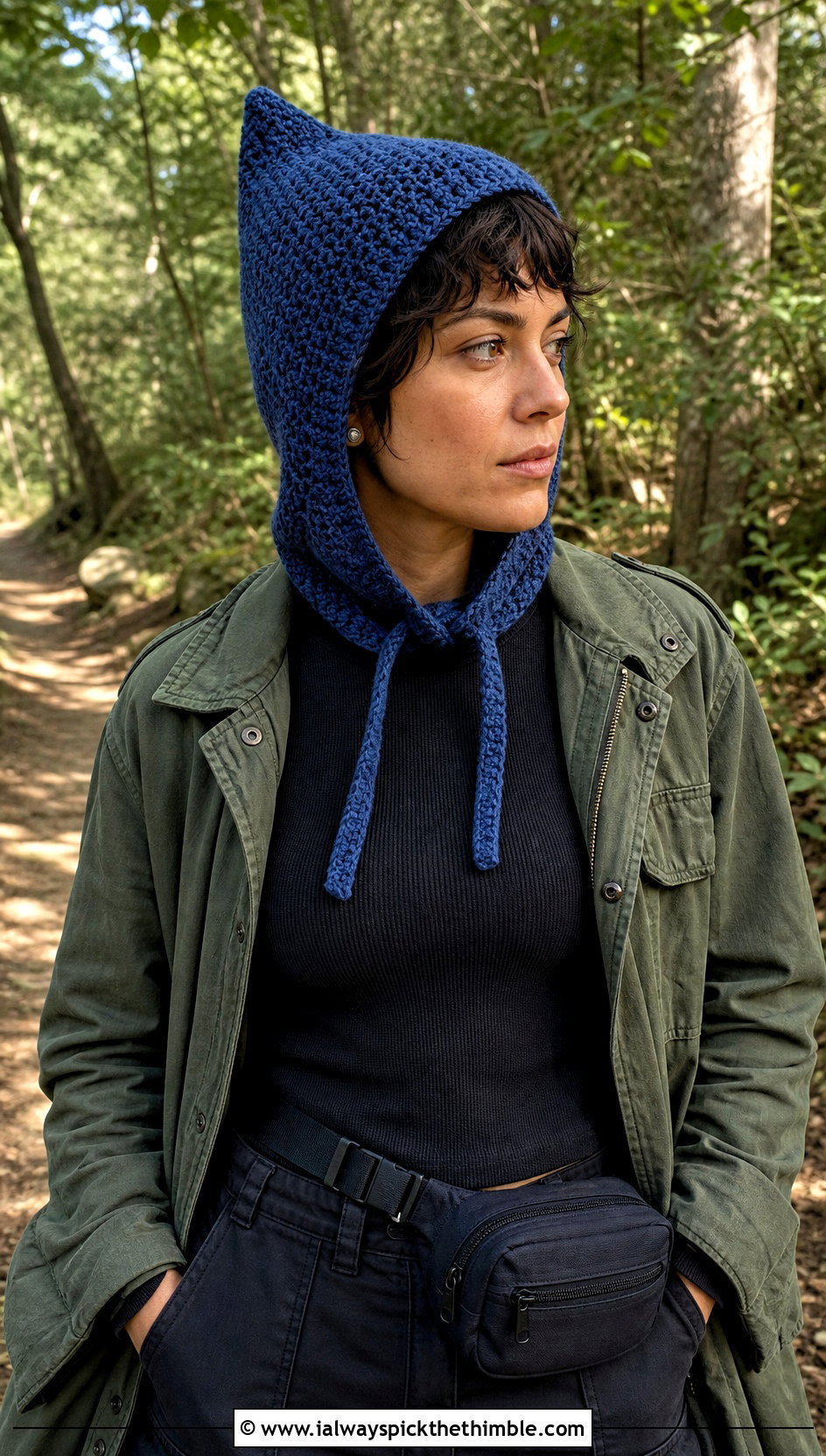 Pointed Pixie Hood Scarf With Utility Jacket - 25 crochet hood scarf outfit ideas