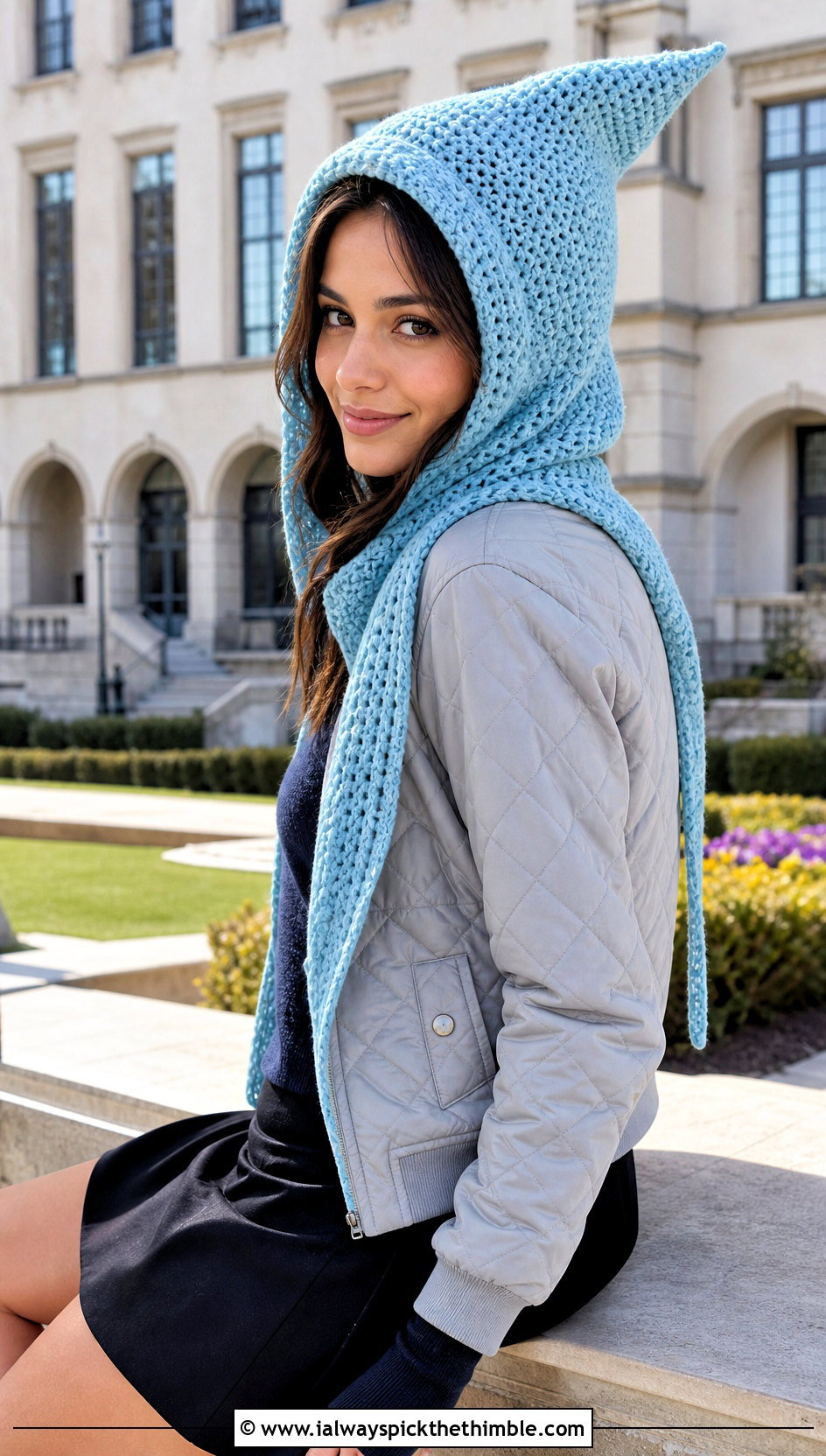 Pointed Pixie Hooded Scarf With Quilted Jacket And Mini Skirt - 25 crochet hooded scarf outfit ideas