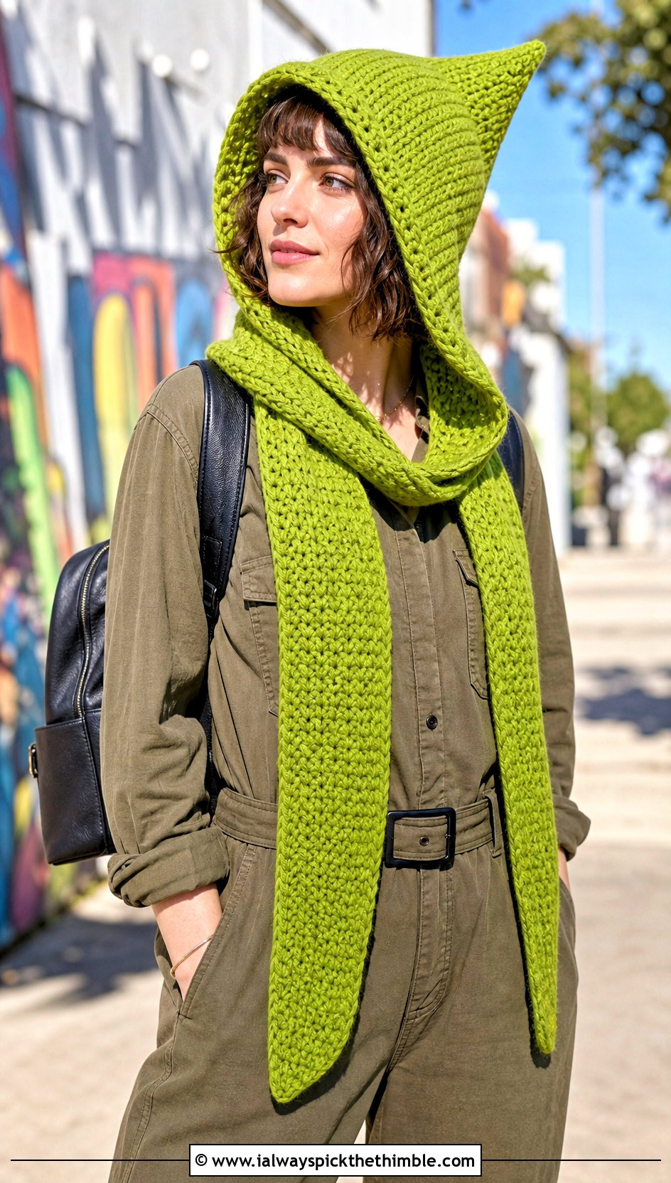 Pointed Pixie Hooded Scarf With Utility Jumpsuit - 20 Crochet Hoodie Scarf outfit ideas