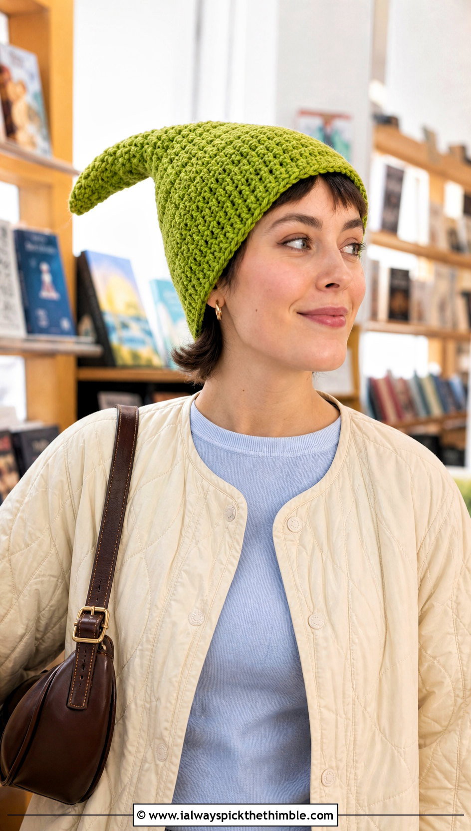 Pointed Pixie Long Crochet Hat With Quilted Jacket - 20 crochet long hat outfit ideas