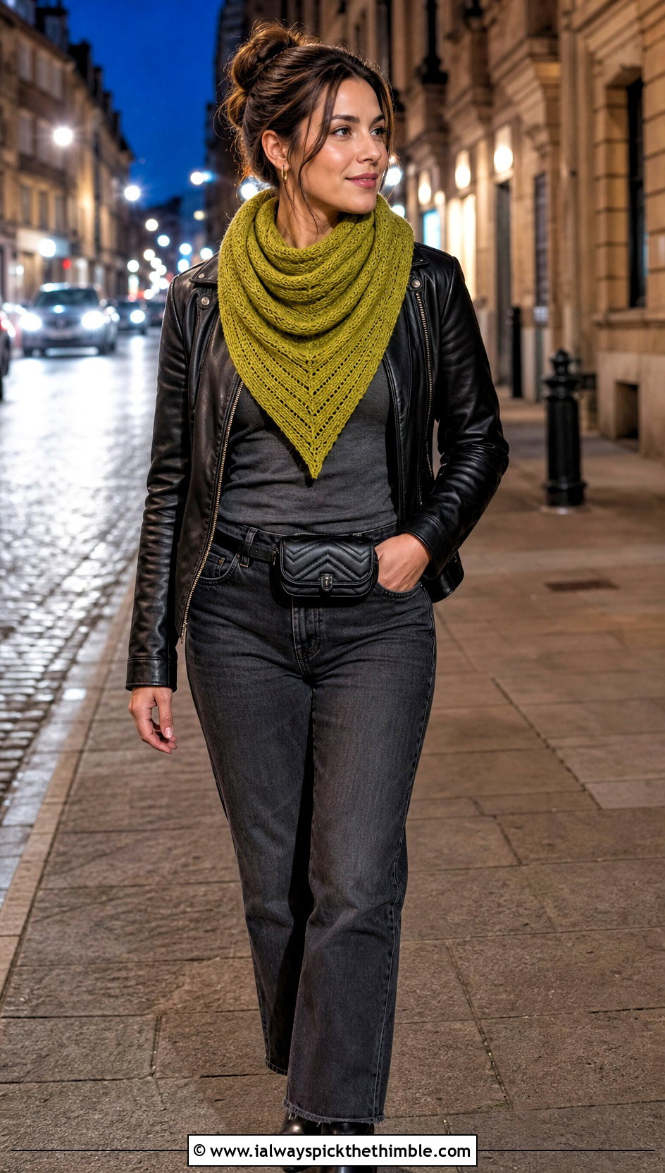 Pointed Ribbed Crochet Scarf With Leather Jacket - 20 wanderlust crochet scarf outfit ideas
