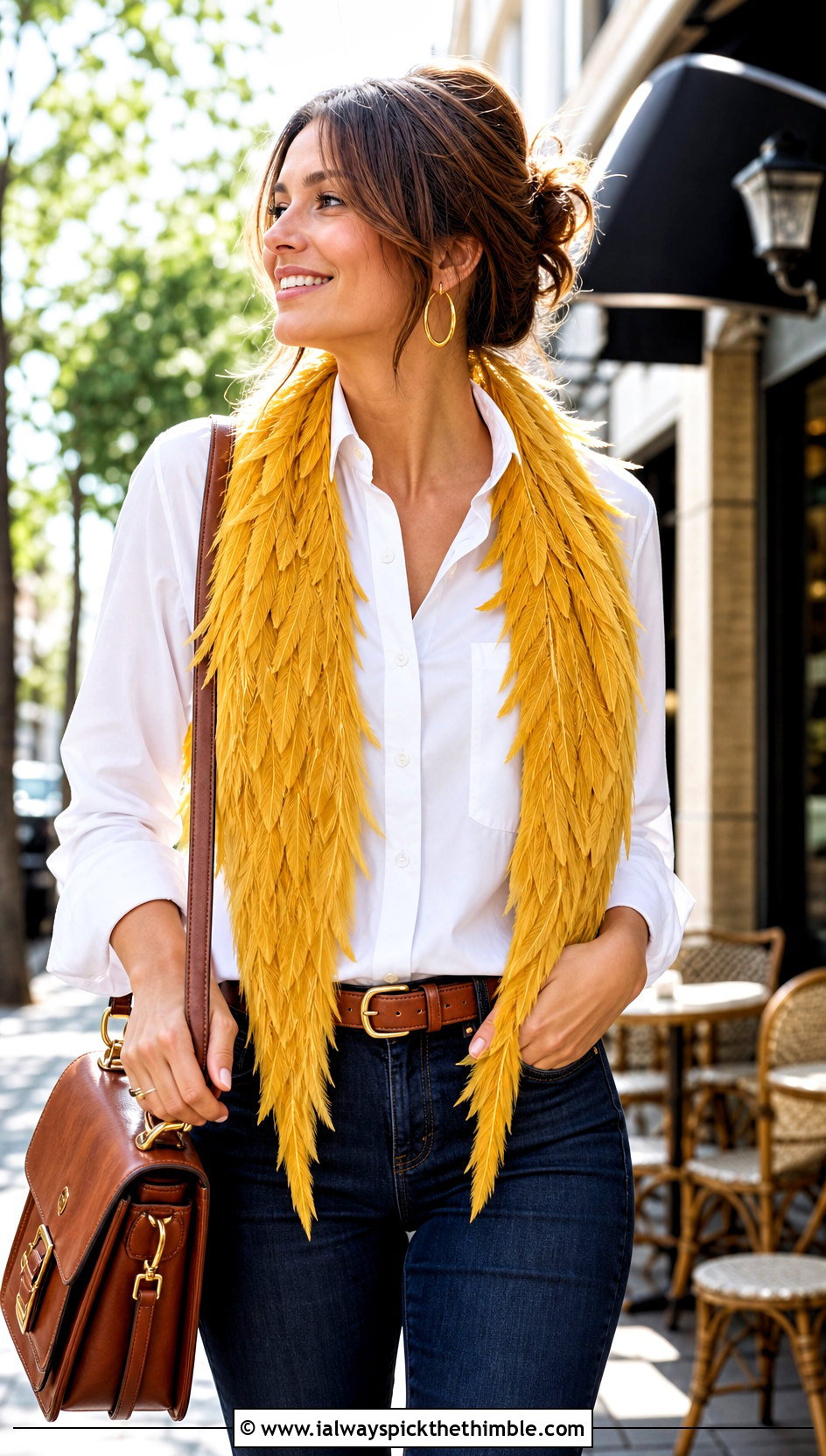 Pointed Tip Feather Shawl With White Shirt And Jeans - 20 crochet feather shawl outfit ideas