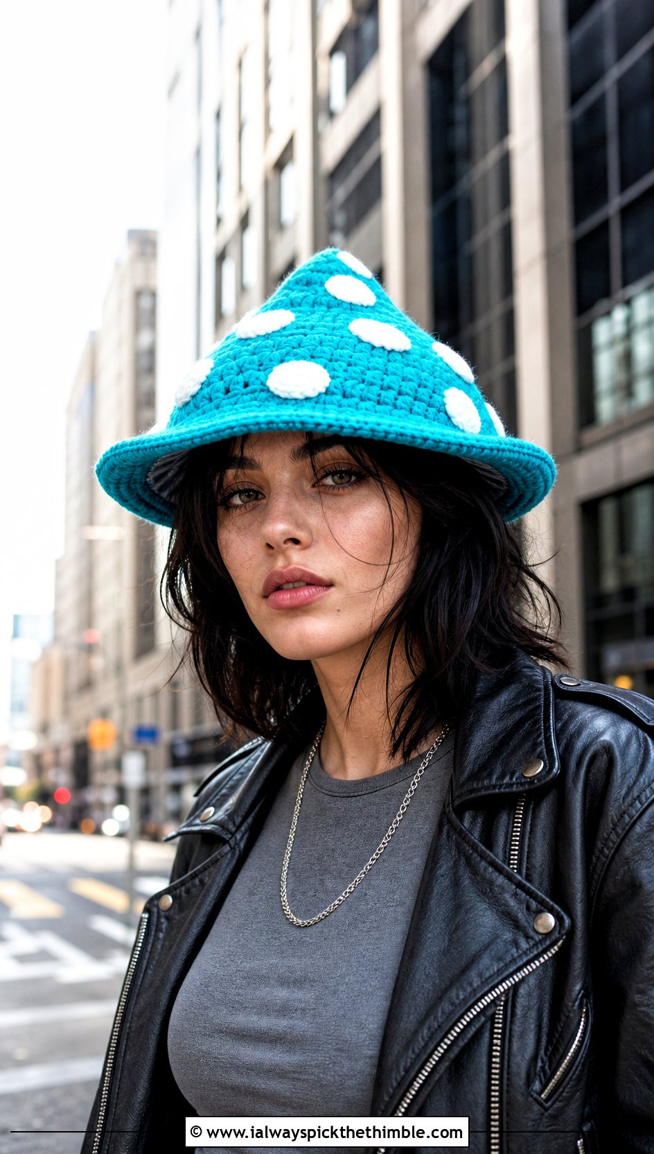 Pointed Toadstool Crochet Hat With Leather Jacket - 25 crochet mushroom hat outfit ideas