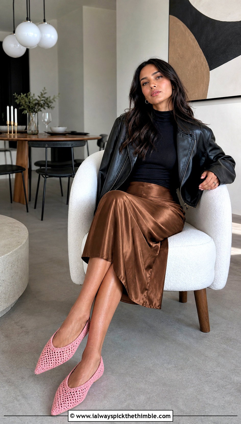 Pointed Toe Crochet Slippers With Satin Midi Skirt - 20 Quick Crochet Slippers outfit ideas