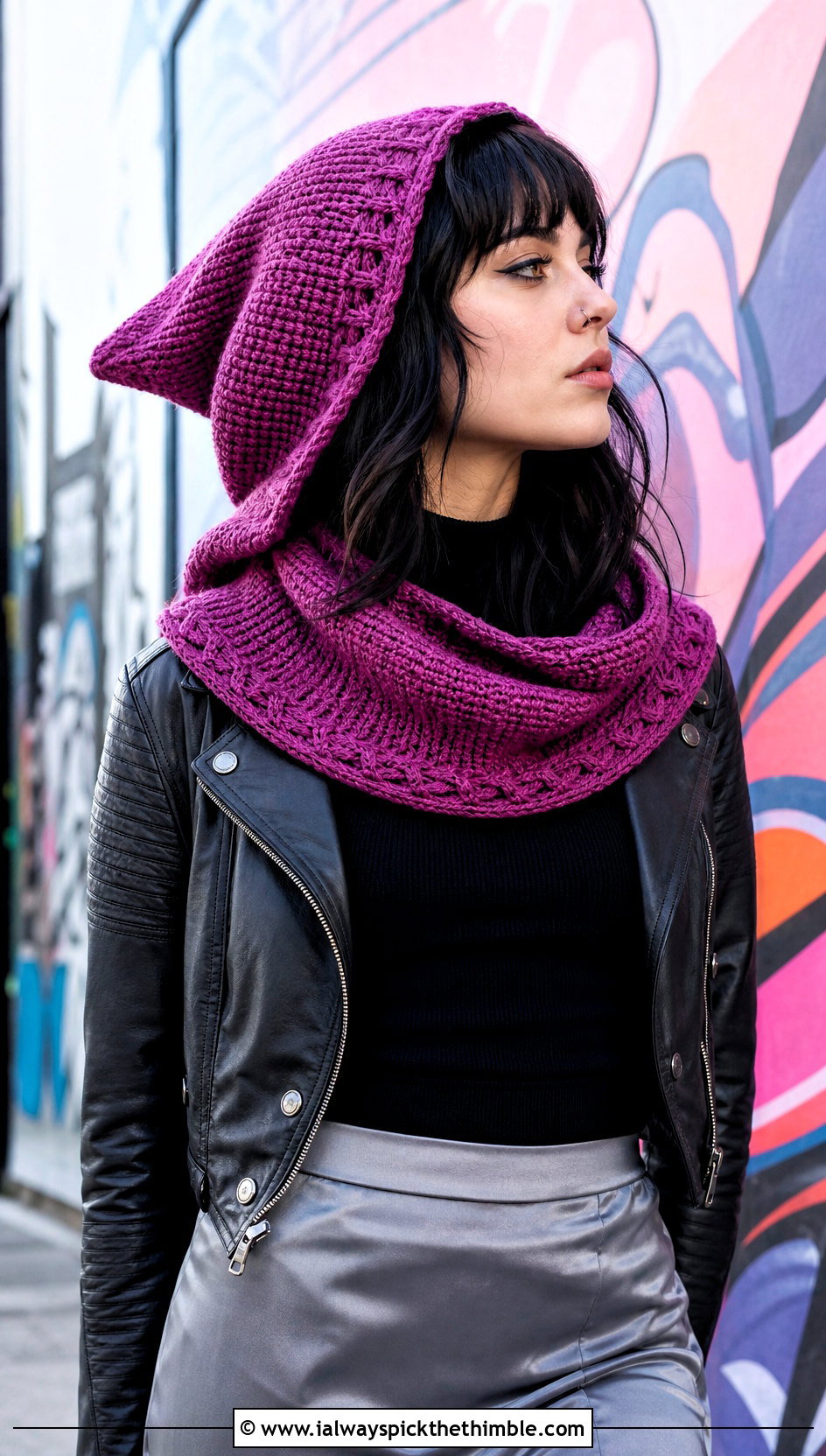 Pointed Tunisian Hooded Cowl With Moto Jacket - 15 Tunisian Crochet Hooded Cowl outfit ideas
