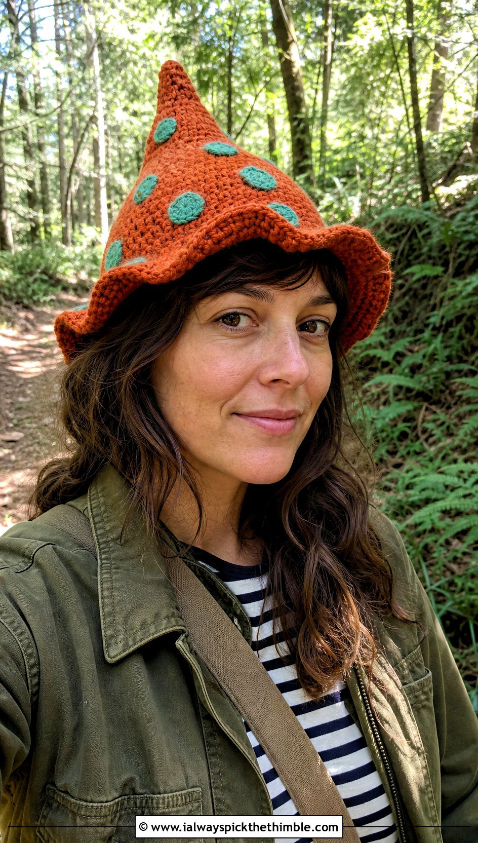 Pointed Woodland Mushroom Crochet Hat With Field Jacket - 20 mushroom crochet hat outfit ideas