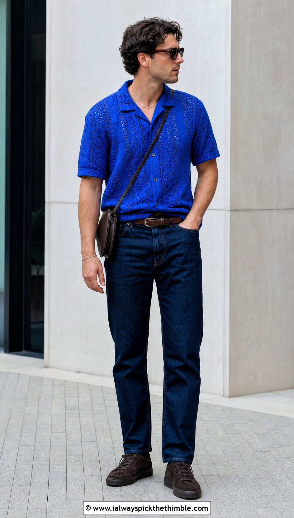Pointelle Crochet Button Up Shirt With Dark Jeans - 25 crochet shirts for men outfit ideas