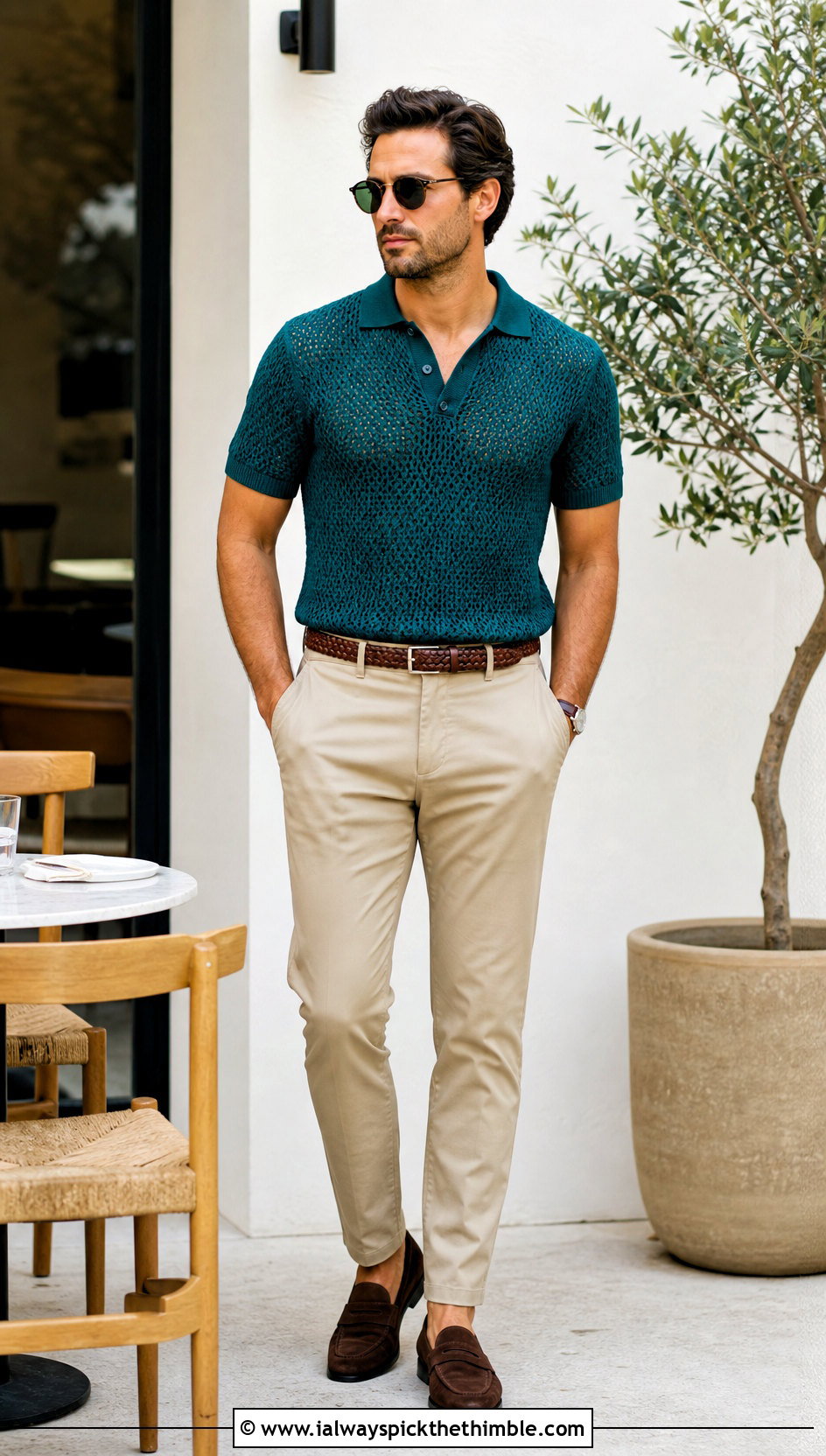 Pointelle Crochet Polo With Chinos - 20 crochet men's clothes and outfit ideas