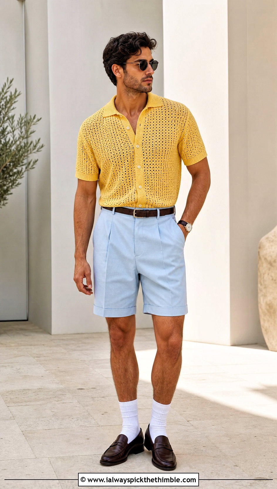 Pointelle Crochet Shirt With Tailored Shorts - 25 crochet shirt men outfit ideas