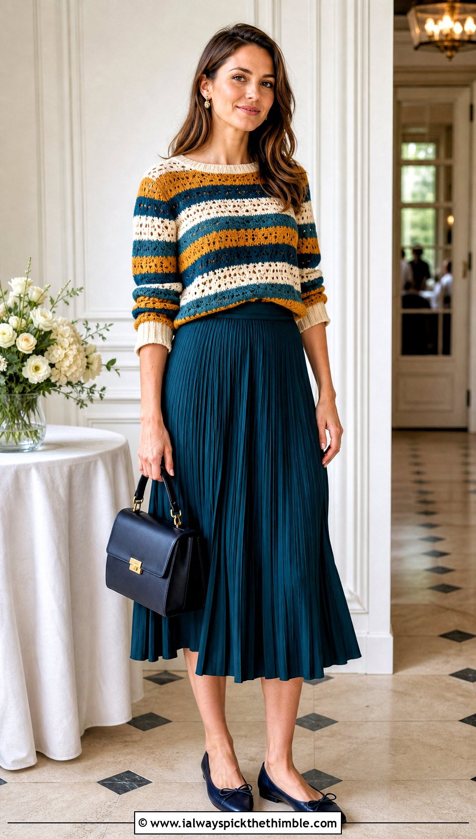 Pointelle Crochet Striped Sweater With Pleated Midi Skirt - 25 crochet striped sweater outfit ideas