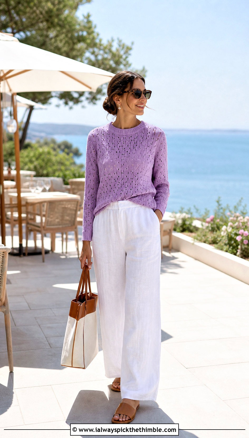 Pointelle Knit Sweater With Linen Pants - 20 Knit And Crochet Sweater outfit ideas