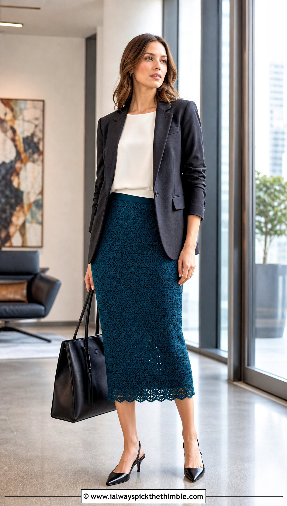 Pointelle Pencil Midi Crochet Skirt With Blazer - 20 midi crochet skirt outfit ideas