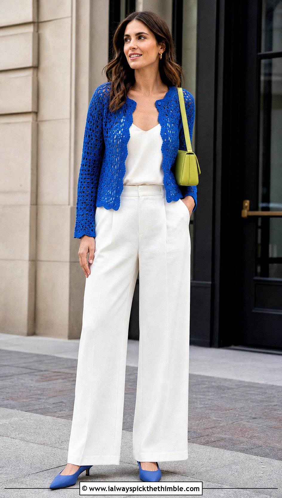 Pointelle Scalloped Crochet Cardigan With Wide Leg Trousers - 20 Lacy Crochet Cardigan outfit ideas