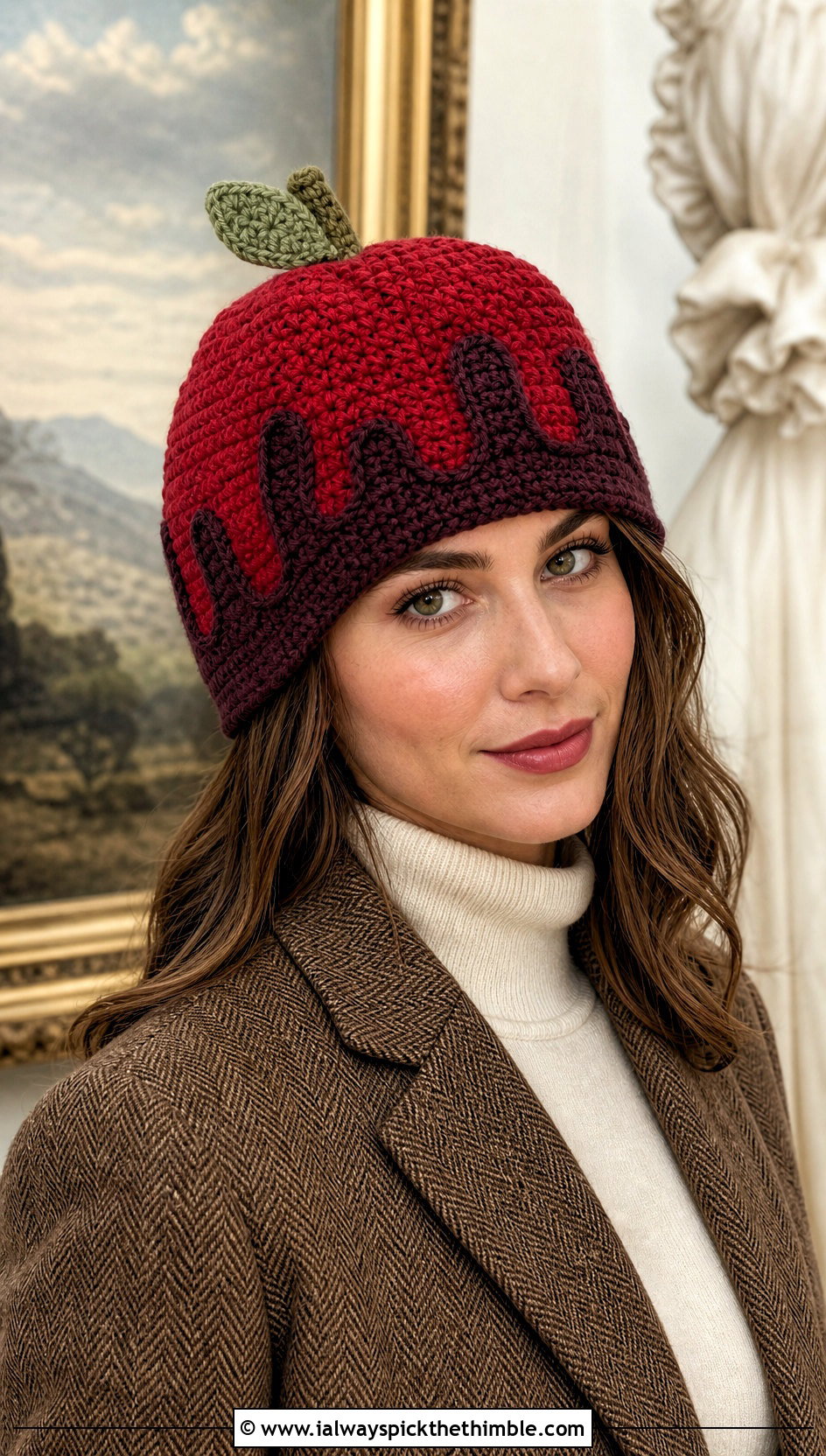 Poison Apple Fitted Crochet Beanie With Tweed Jacket - 20 Halloween Crochet Beanies outfit ideas