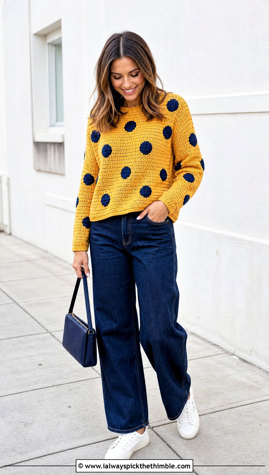 Polka Dot Crochet Sweater With Barrel Leg Jeans - 20 Patterned Crochet Sweater outfit ideas