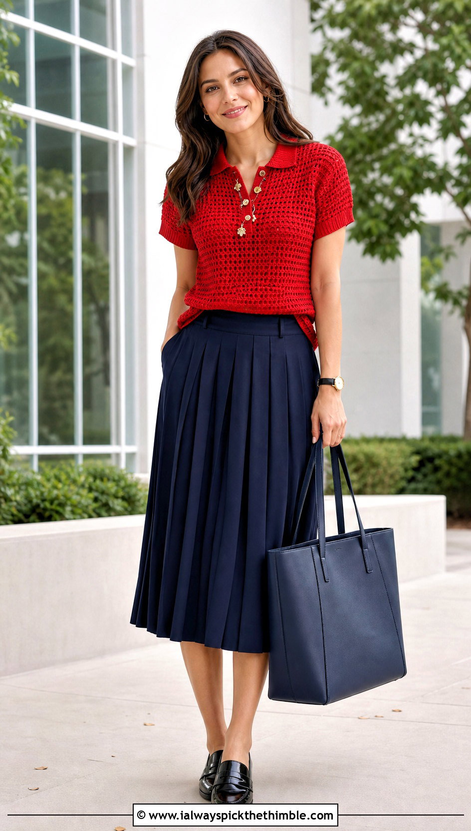 Polo Charm Crochet Top With Pleated Midi Skirt - 20 crochet top with charms outfit ideas