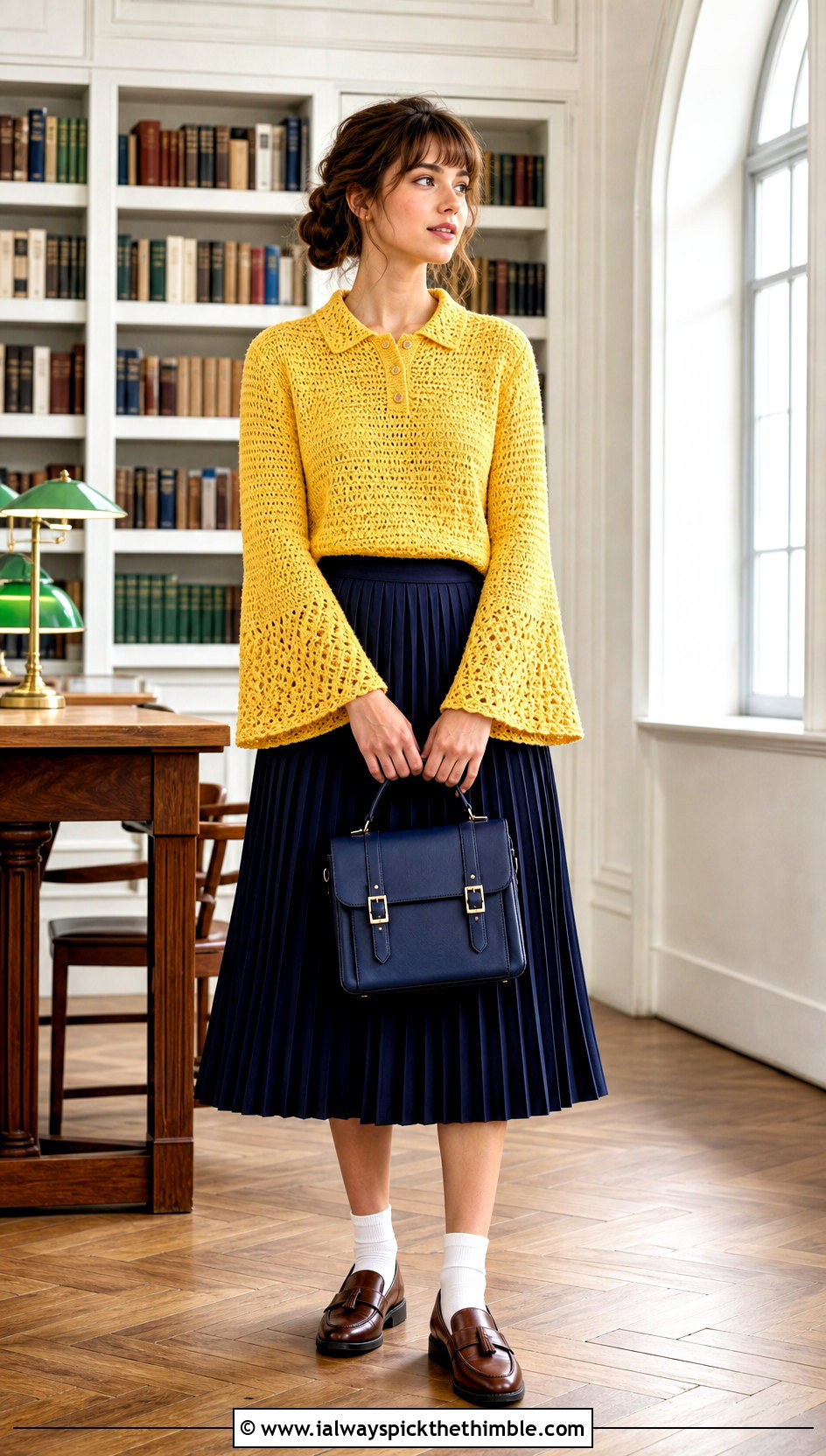Polo Collar Bell Sleeve Crochet Sweater With Pleated Skirt - 20 bell sleeve crochet sweater outfit ideas