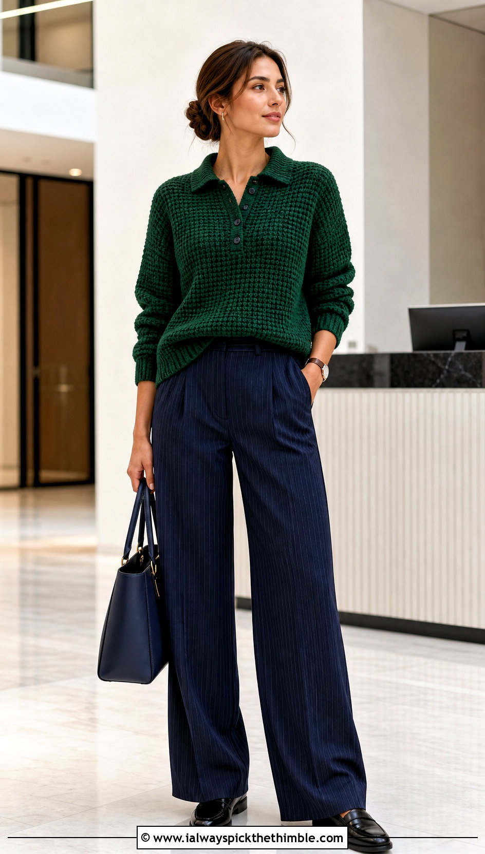 Polo Collar Chunky Crochet Sweater With Pinstripe Trousers - 20 Easy Chunky Crochet Sweater outfit ideas