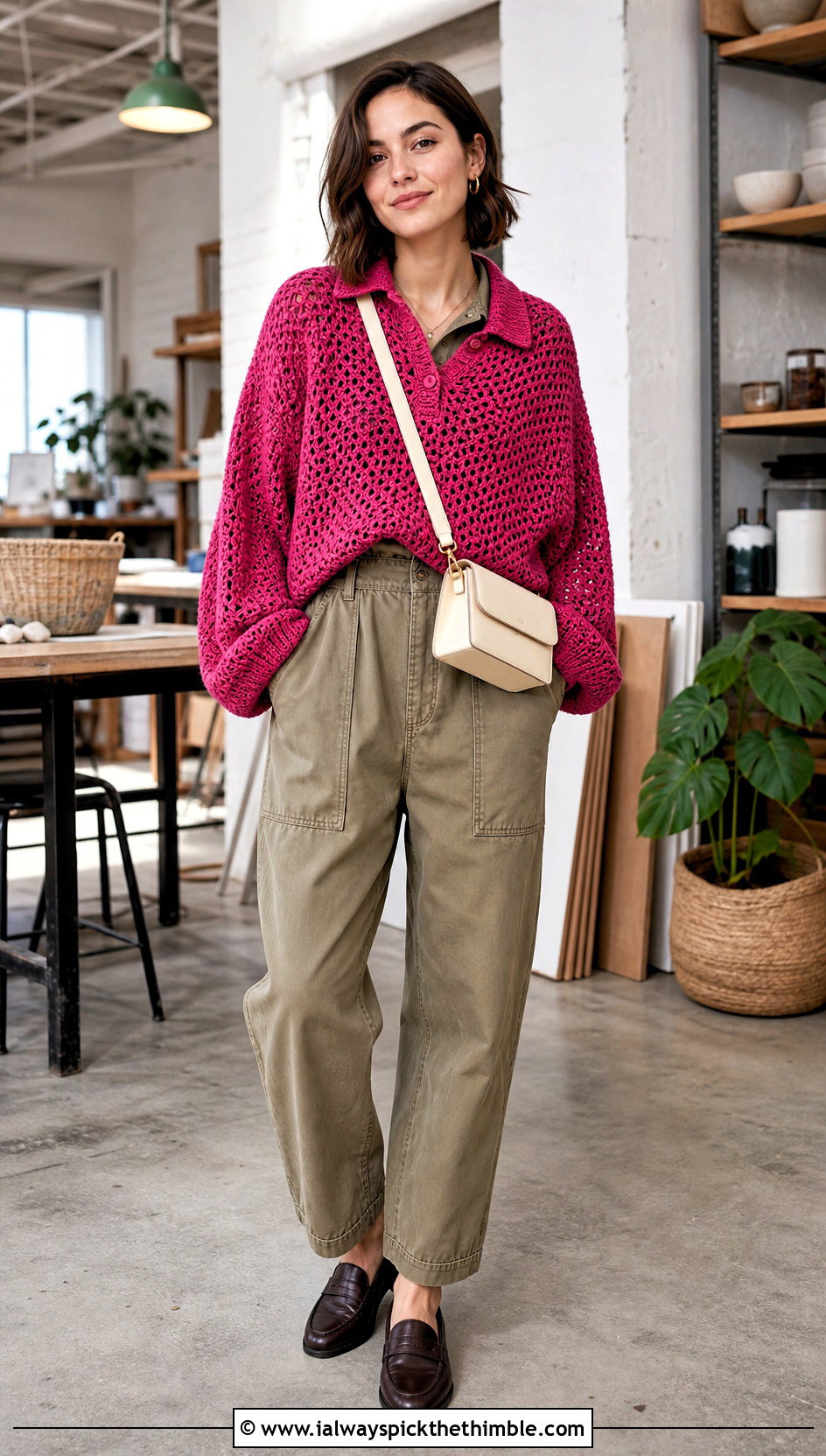 Polo Collar Crochet Baggy Sweater Over A Utility Jumpsuit - 20 crochet baggy sweater outfit ideas