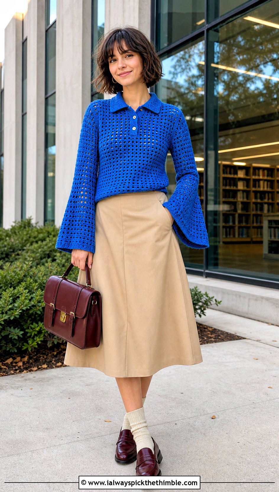 Polo Collar Crochet Bell Sleeve Sweater With A Line Skirt - 20 Crochet Sweater With Bell Sleeves outfit ideas