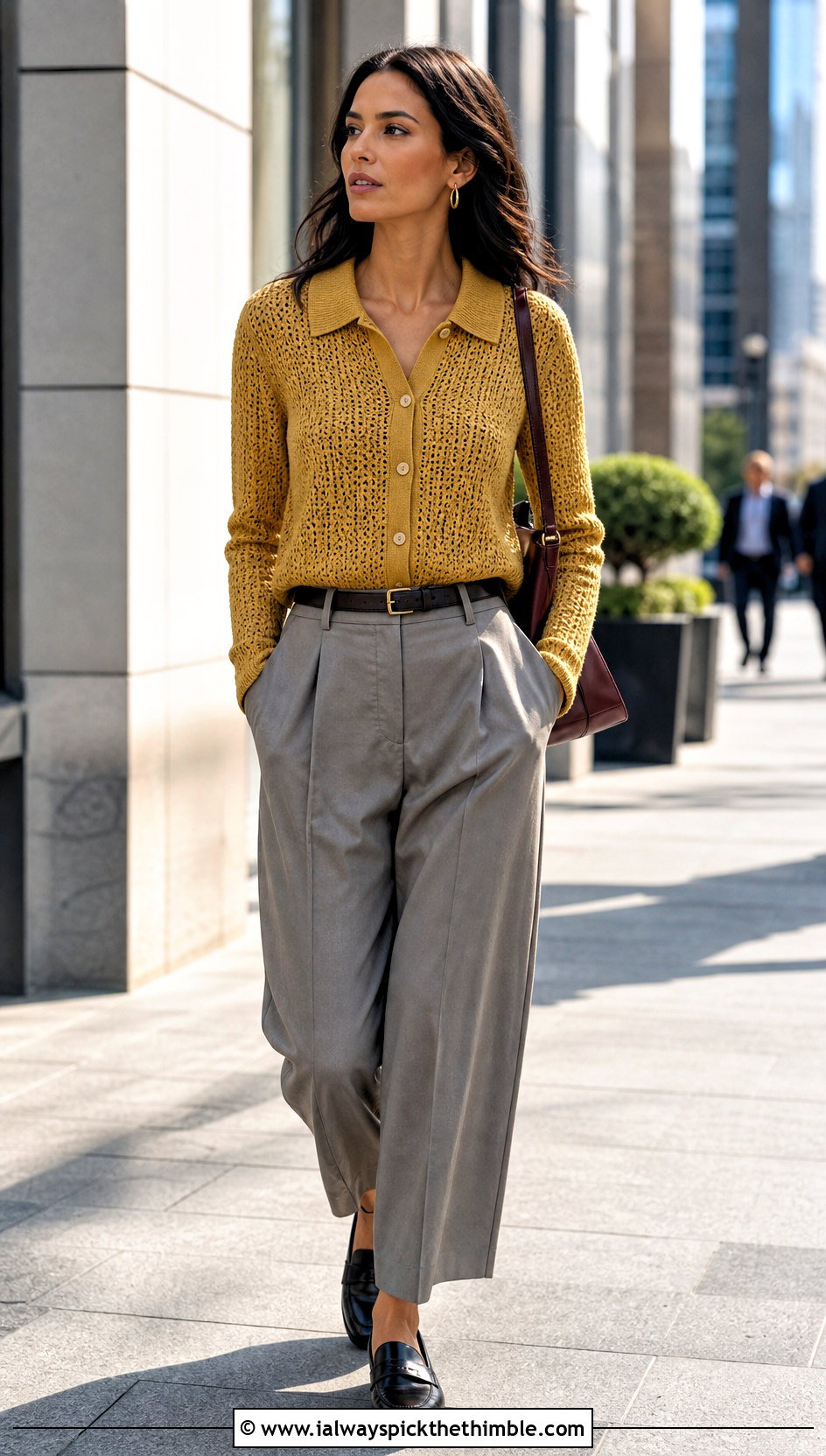 Polo Collar Crochet Button Up Cardigan With Pleated Trousers - 20 Crochet Button Up Cardigan outfit ideas
